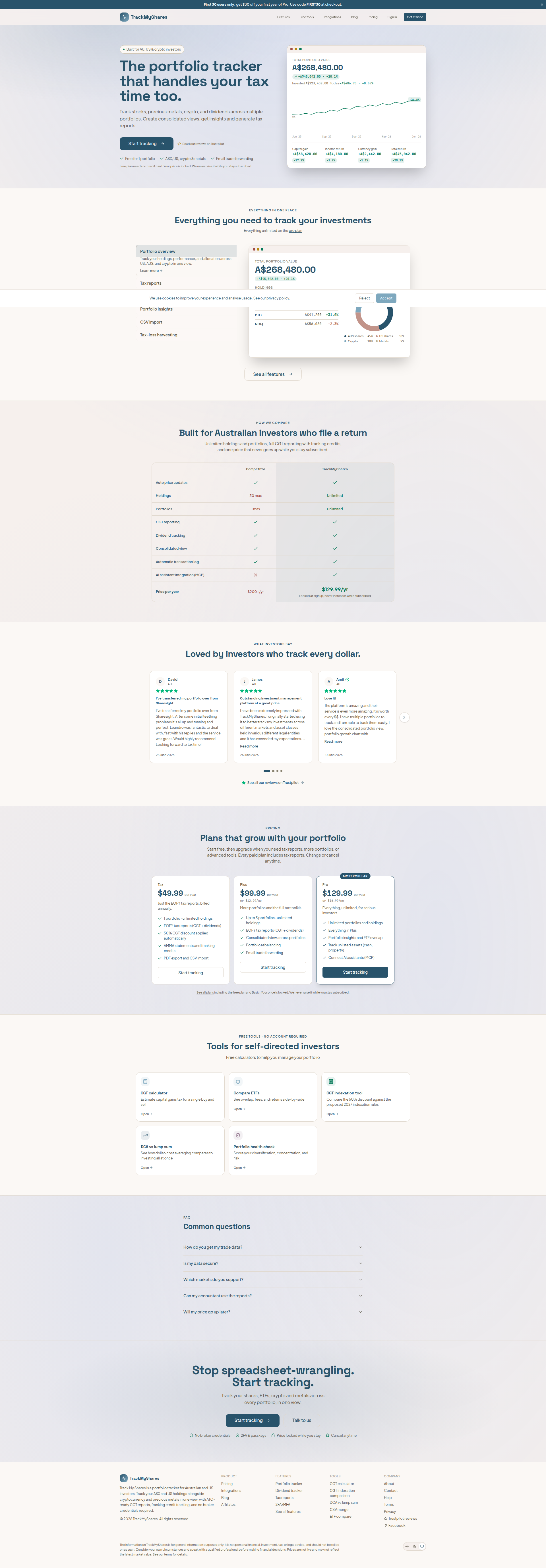 Landing page screenshot for trackmyshares.com, 1920 by 5519 pixels