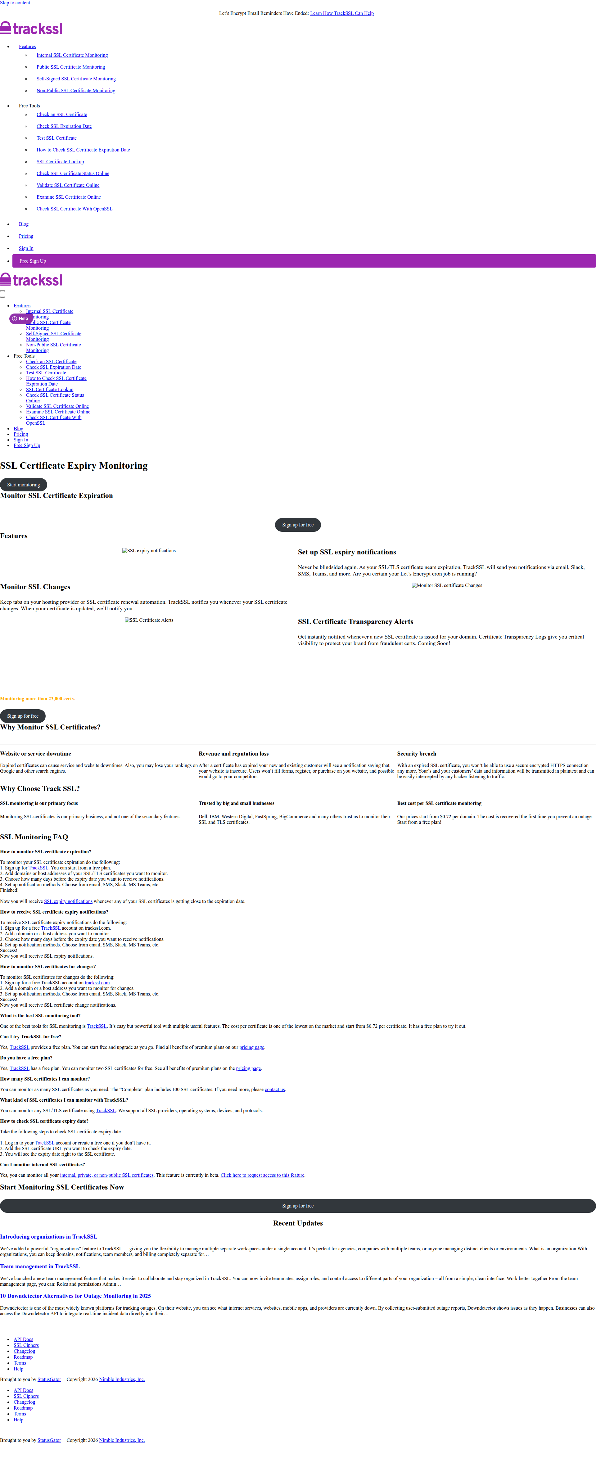 Landing page screenshot for trackssl.com, 1920 by 4697 pixels