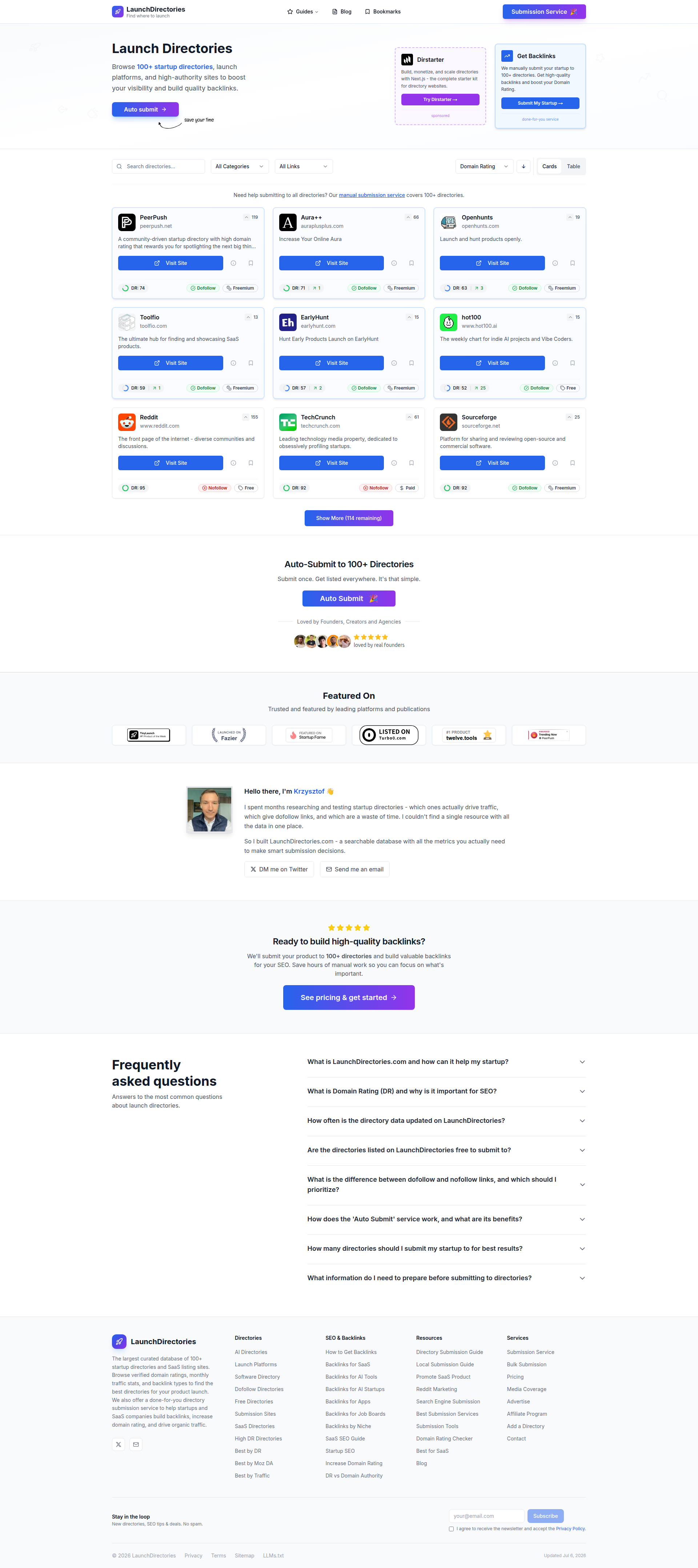 Landing page screenshot for launchdirectories.com, 1920 by 4315 pixels