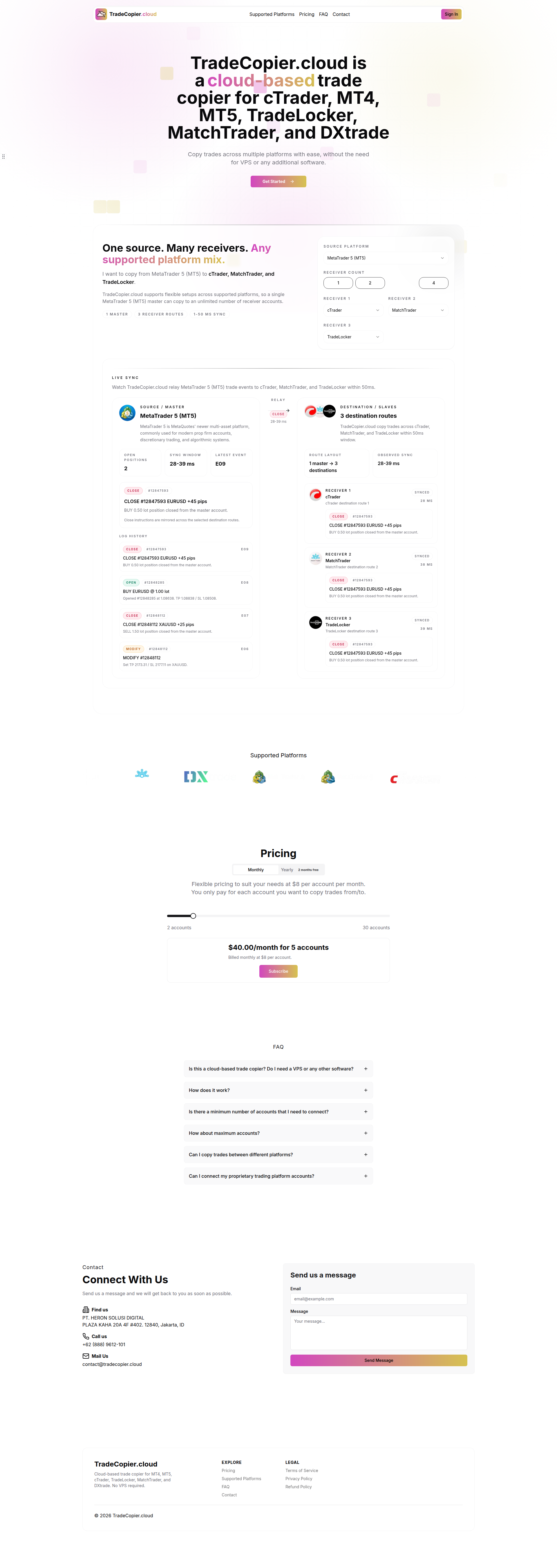 Landing page screenshot for tradecopier.cloud, 1920 by 5408 pixels