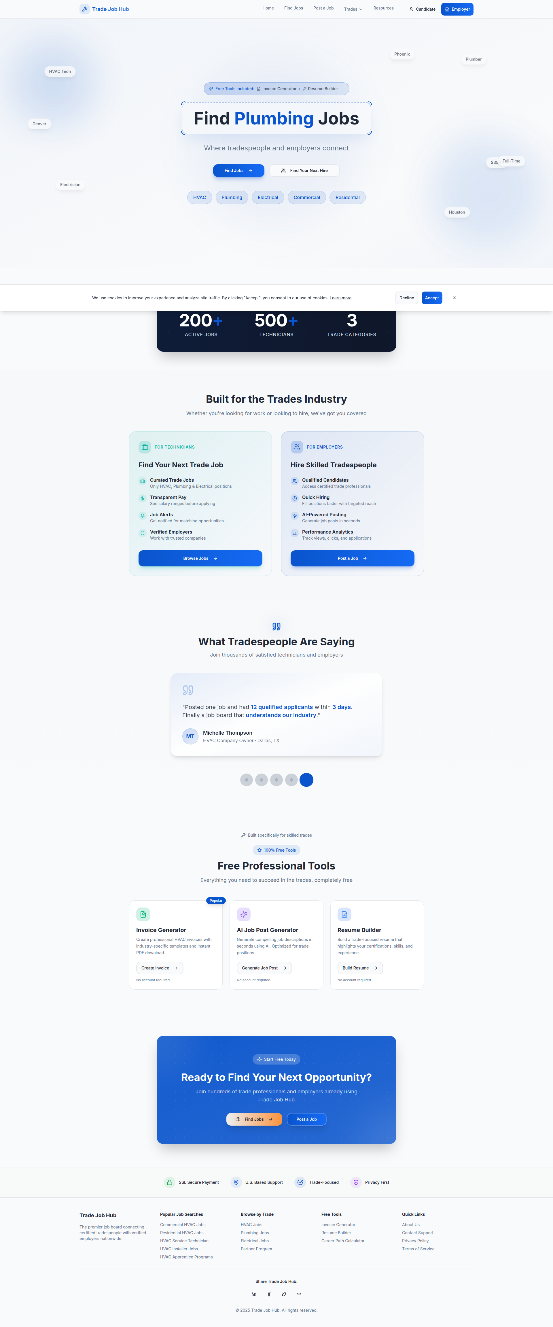 Landing page screenshot for tradejobhub.com, 1920 by 4606 pixels
