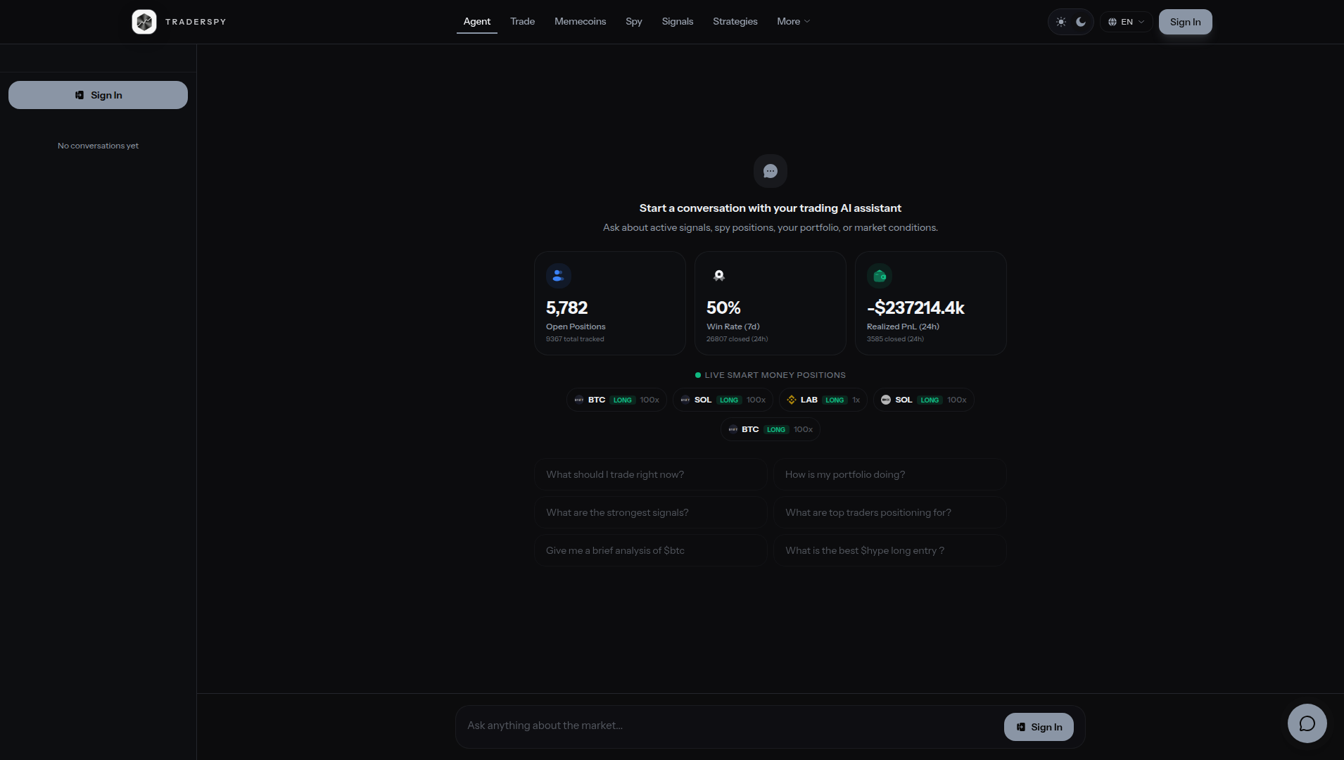 Landing page screenshot for traderspy.app, 1910 by 1080 pixels