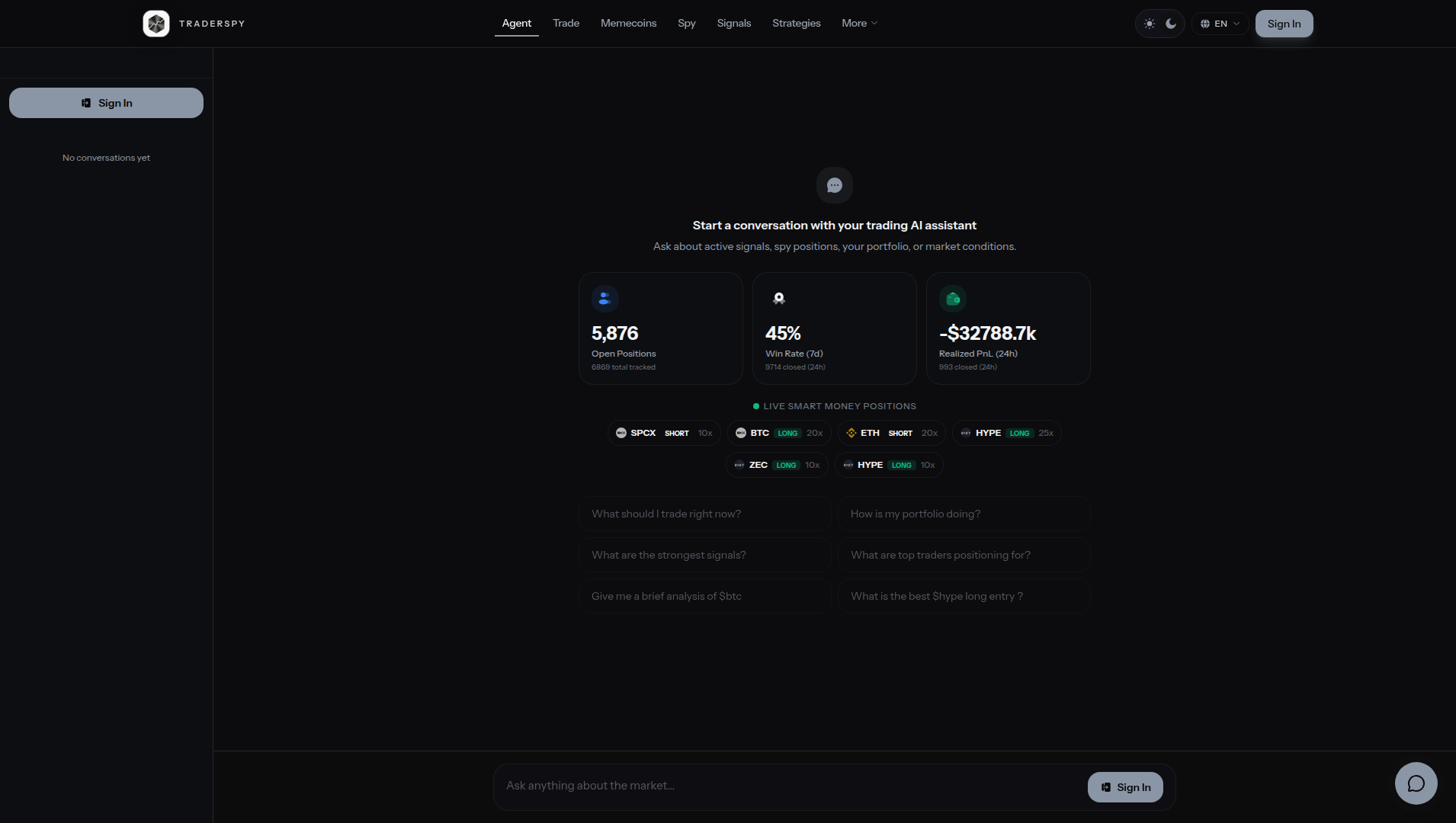 Landing page screenshot for traderspy.app, 1910 by 1080 pixels