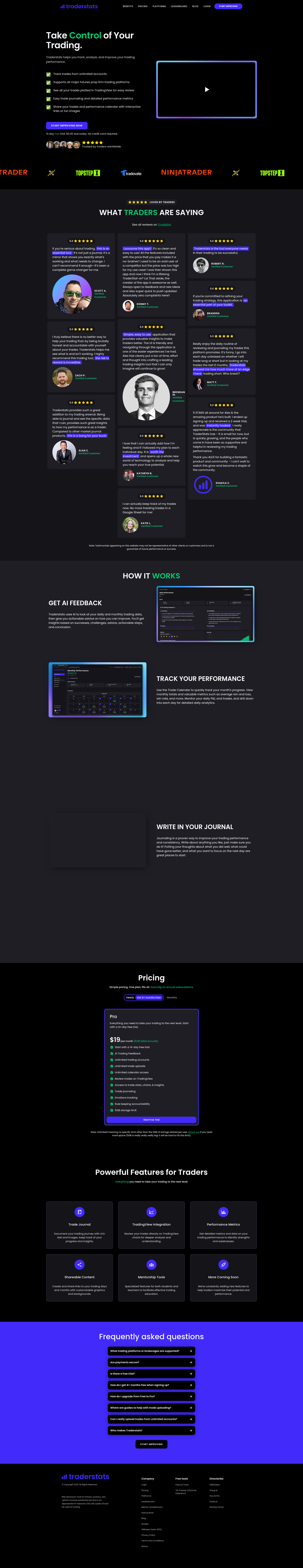 Landing page screenshot for traderstats.app, 1920 by 9946 pixels