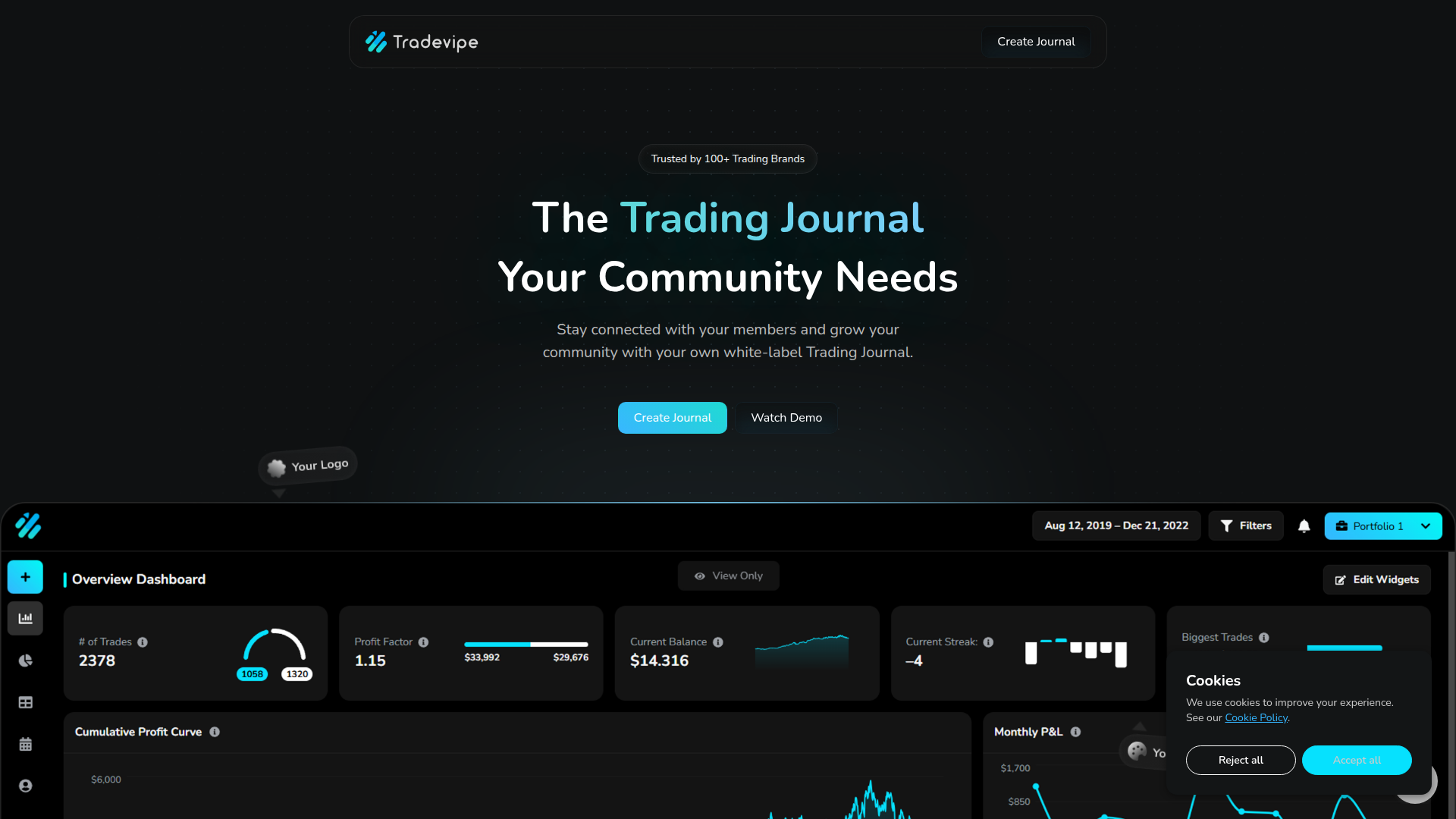 Landing page screenshot for tradevipe.com, 1920 by 1080 pixels