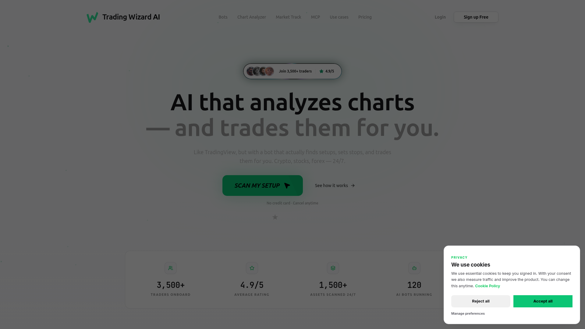 Landing page screenshot for tradingwizard.ai, 1920 by 1080 pixels