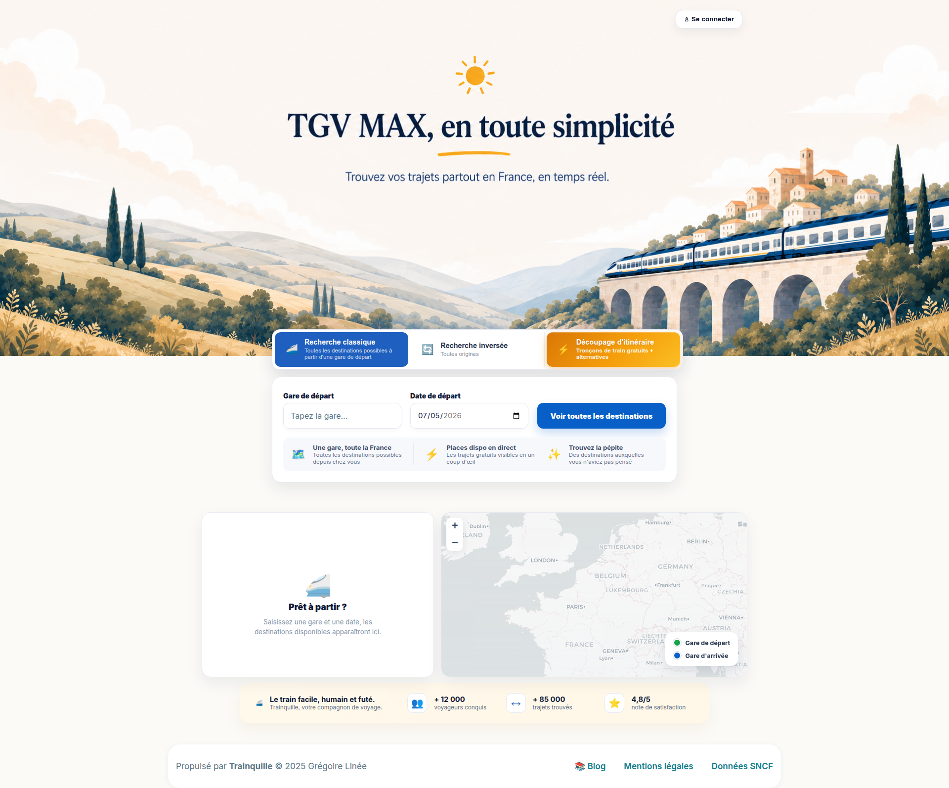 Landing page screenshot for trainquille.fr, 1920 by 1594 pixels