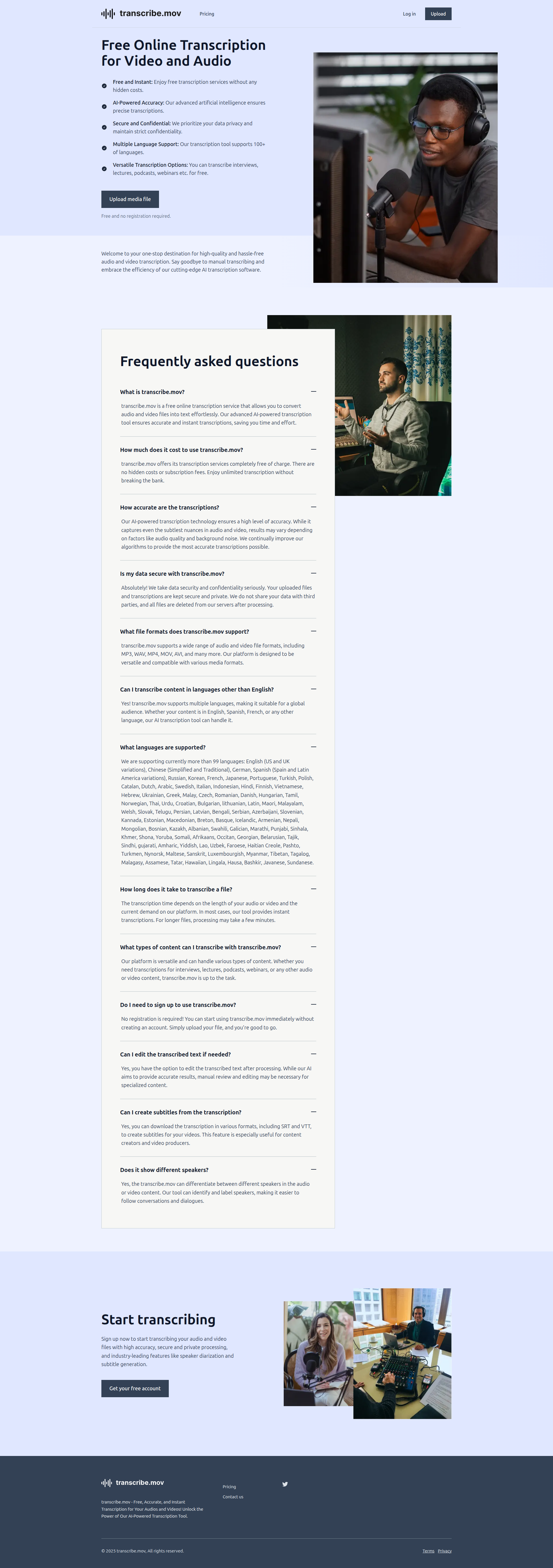 Landing page screenshot for transcribe.mov, 1920 by 5444 pixels