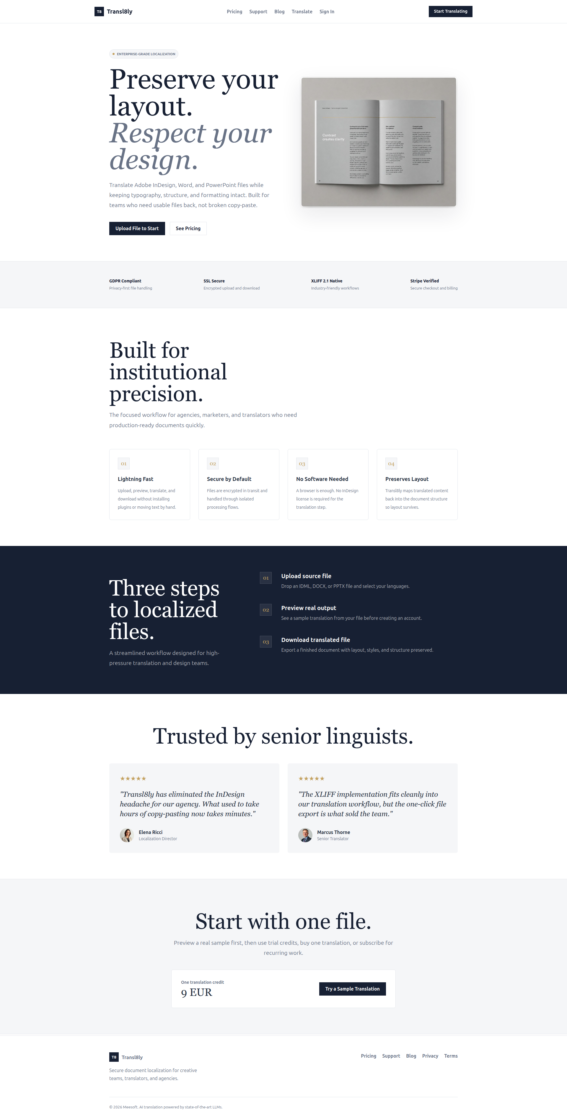Landing page screenshot for transl8ly.com, 1920 by 3781 pixels