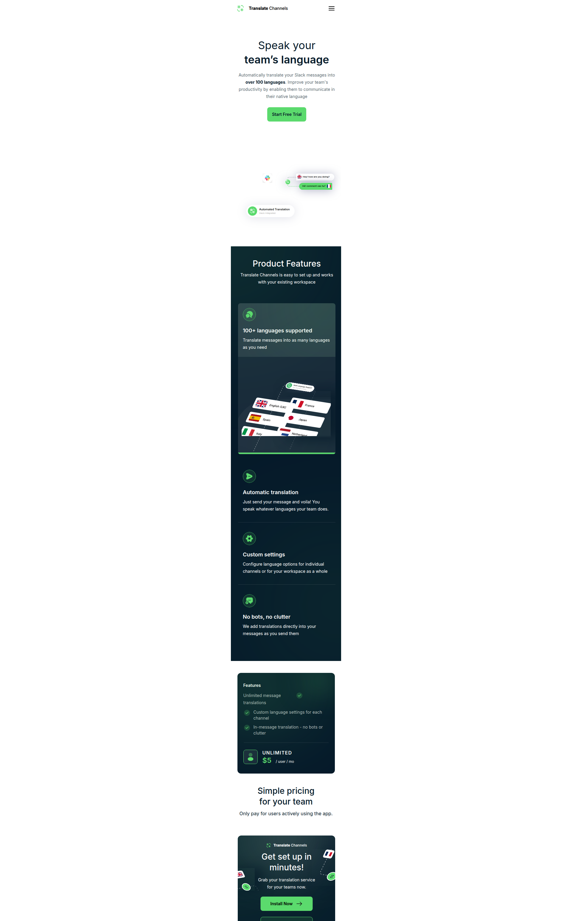 Landing page screenshot for translatechannels.com, 1920 by 3092 pixels