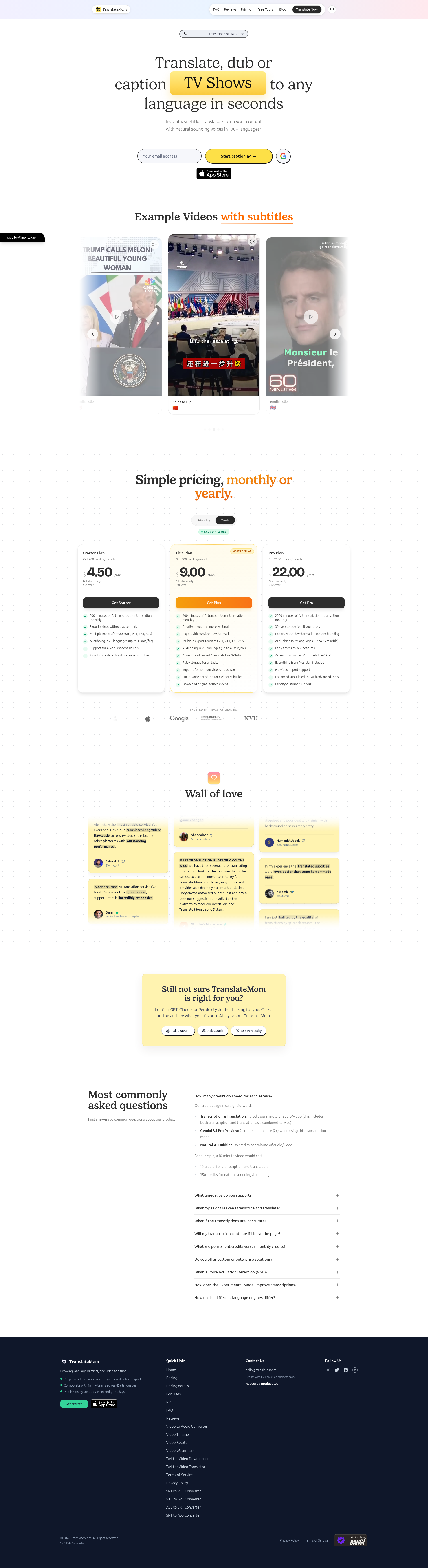 Landing page screenshot for translate.mom, 1920 by 6984 pixels