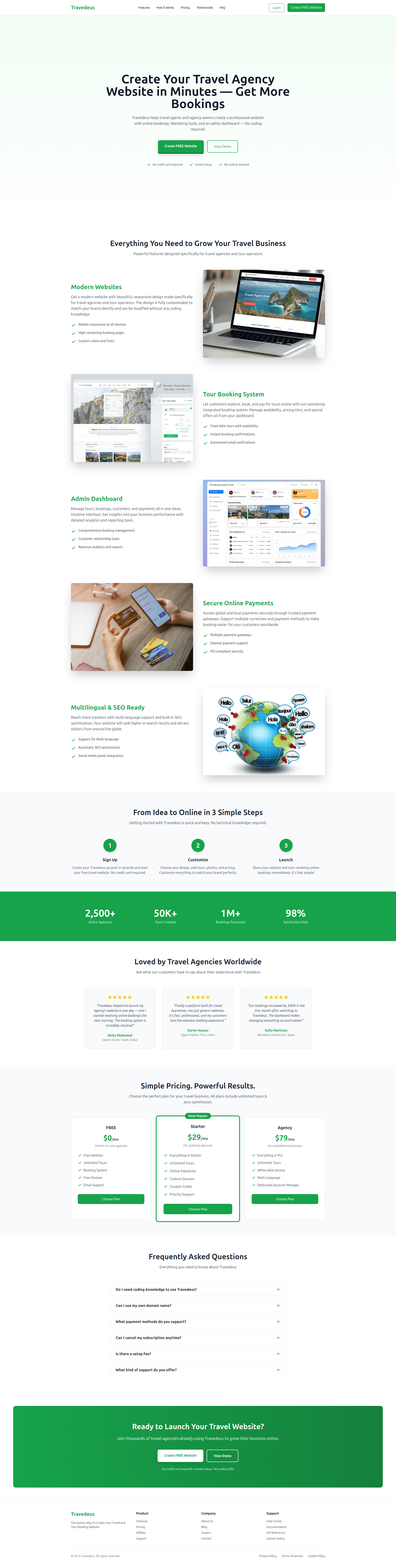 Landing page screenshot for travedeus.com, 1920 by 7603 pixels