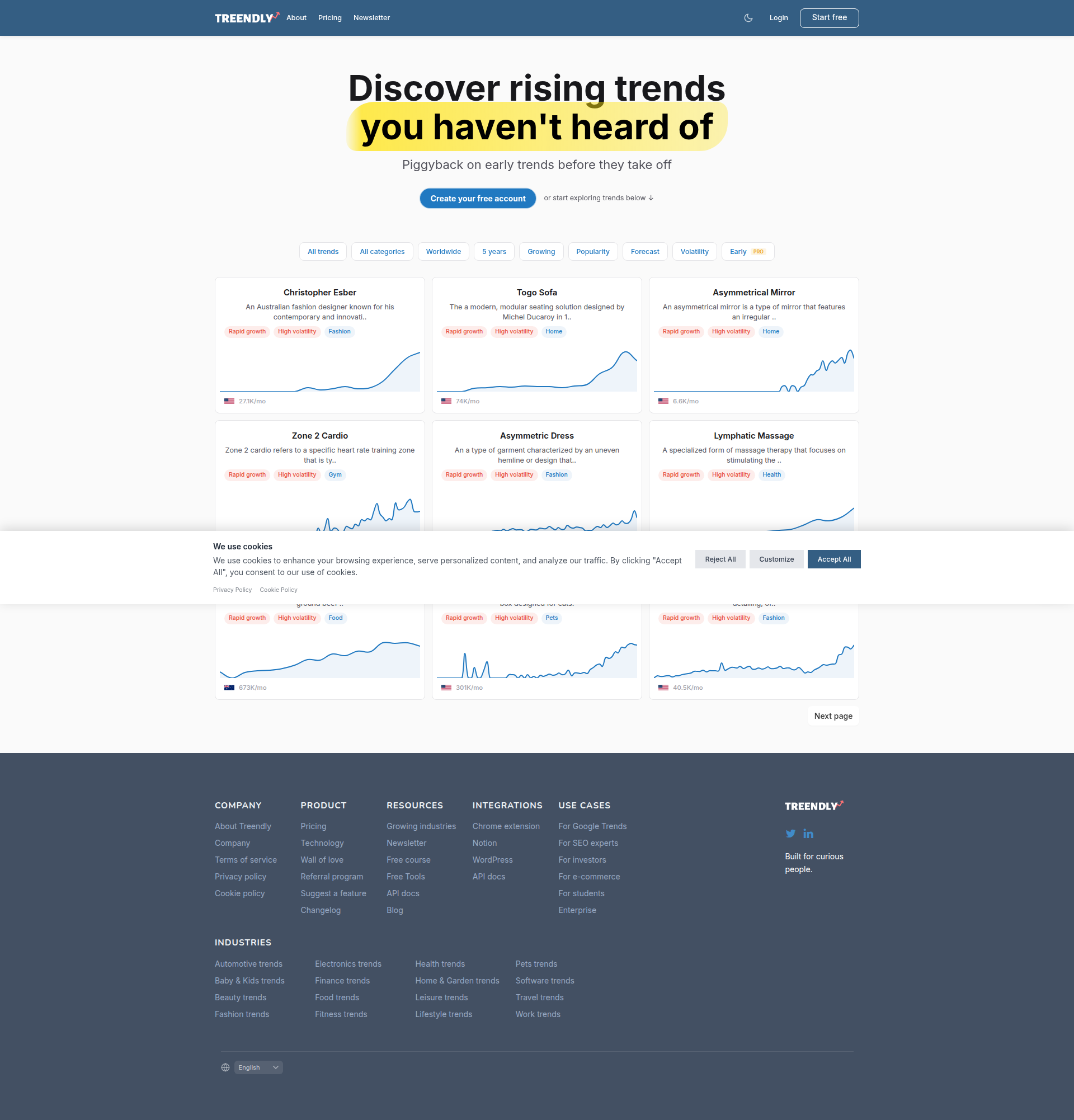 Landing page screenshot for treendly.com, 1920 by 2002 pixels