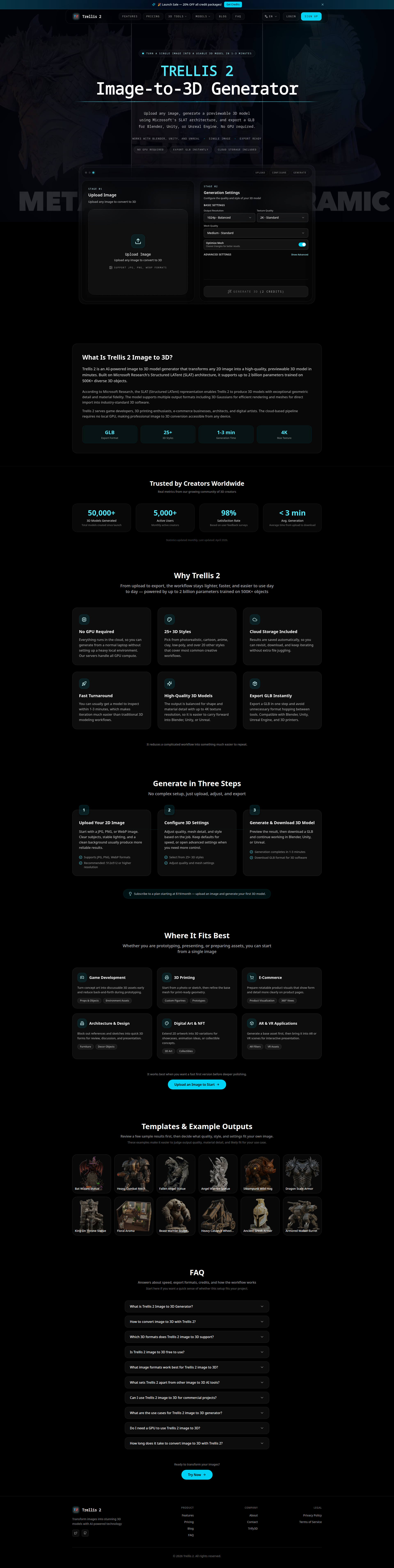 Landing page screenshot for trellis2.app, 1920 by 7631 pixels
