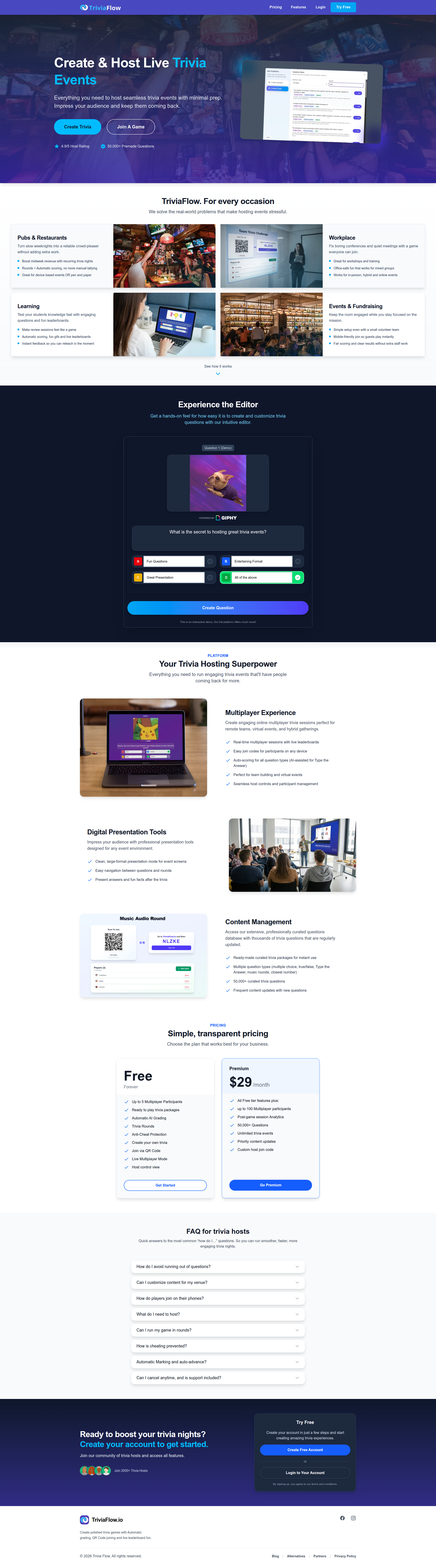 Landing page screenshot for triviaflow.io, 1920 by 6910 pixels