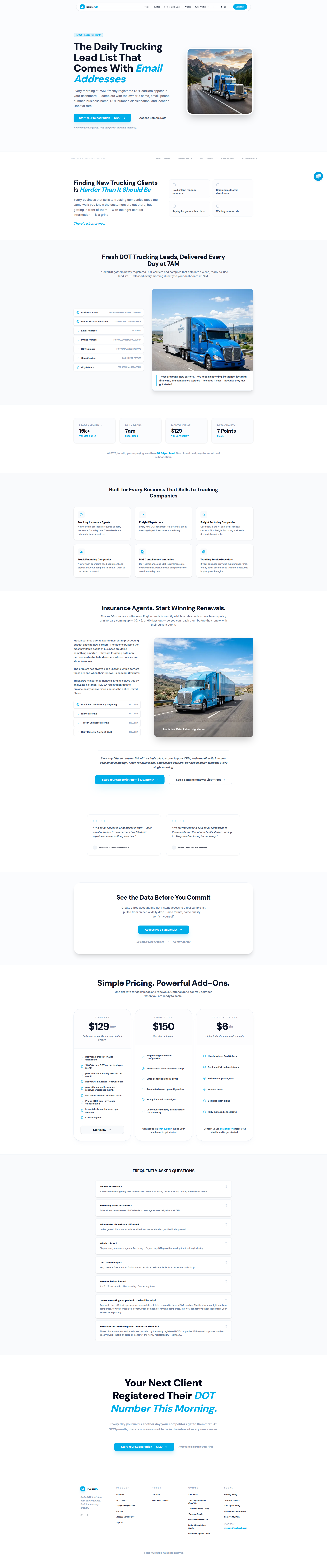 Landing page screenshot for truckerdb.com, 1920 by 9191 pixels