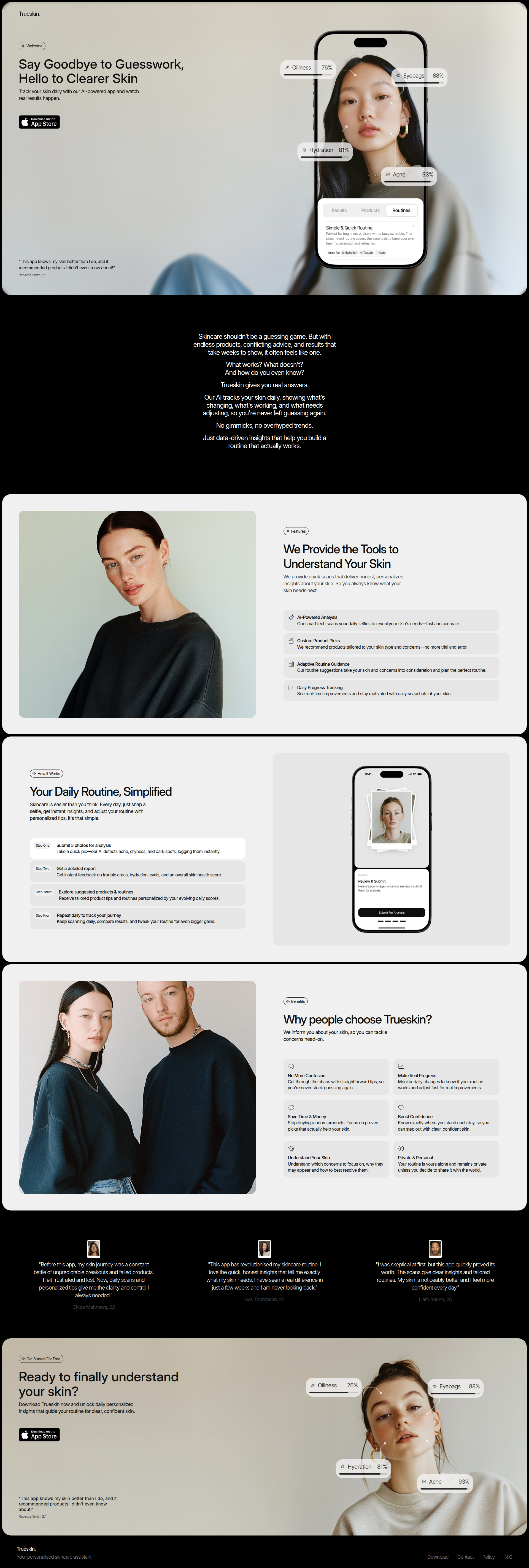 Landing page screenshot for trueskin.ai, 1920 by 5693 pixels