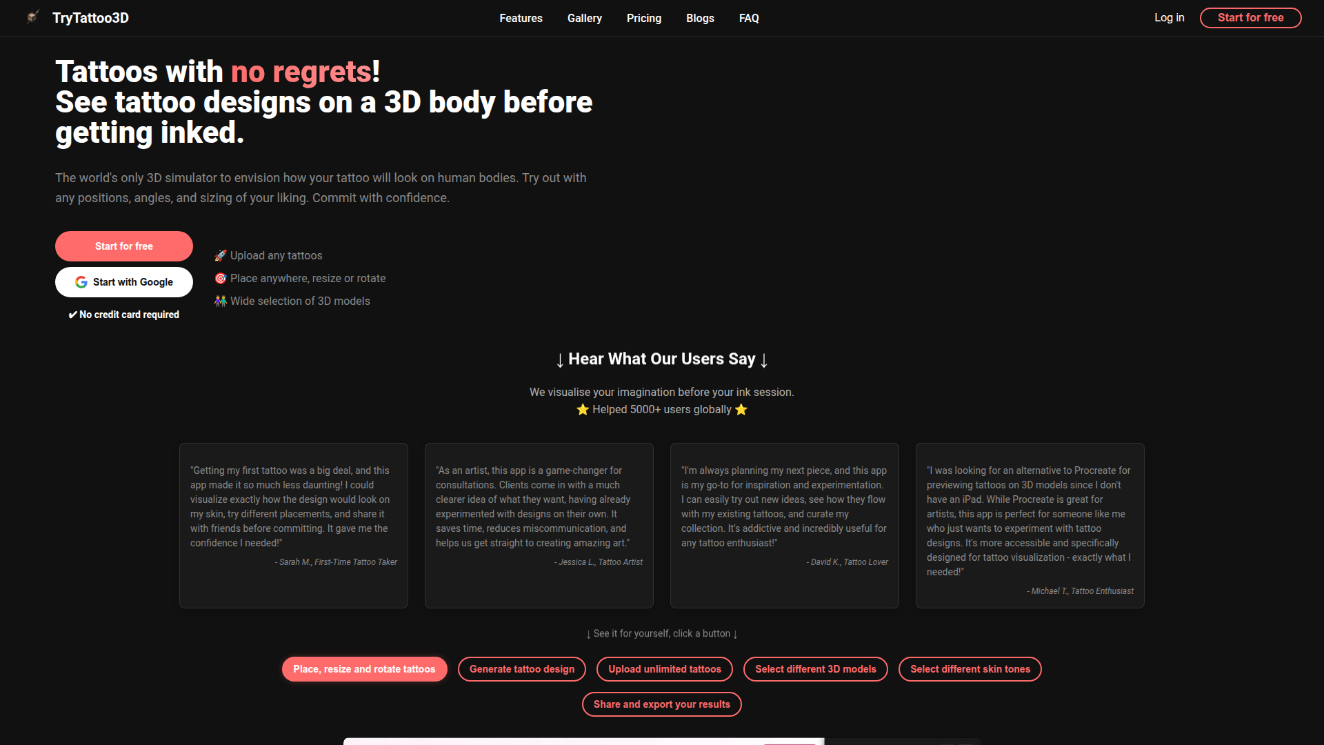Landing page screenshot for trytattoo3d.com, 1920 by 1080 pixels