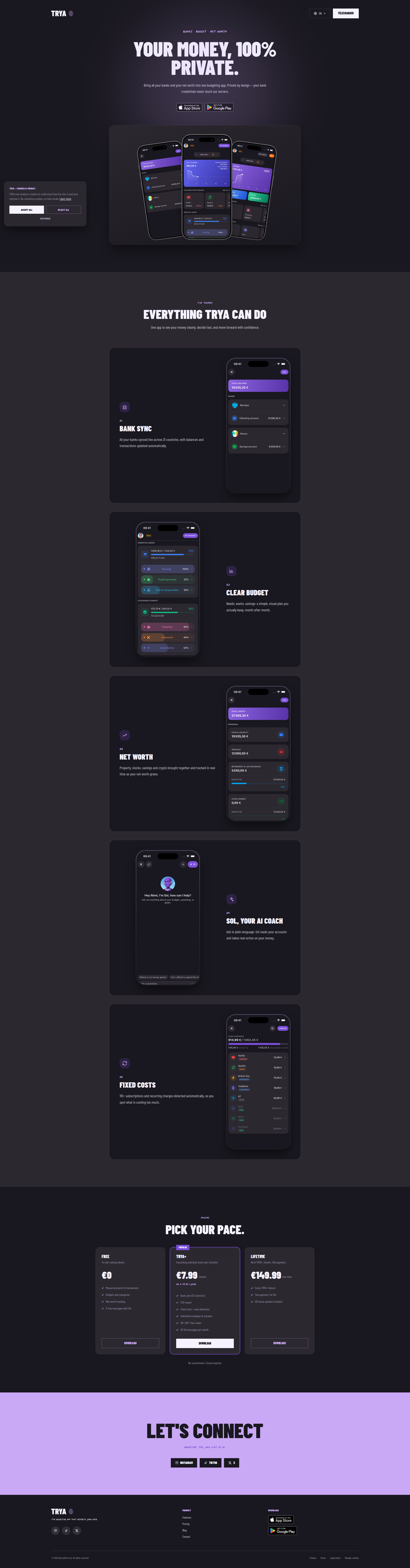 Landing page screenshot for trya.fr, 1920 by 7351 pixels