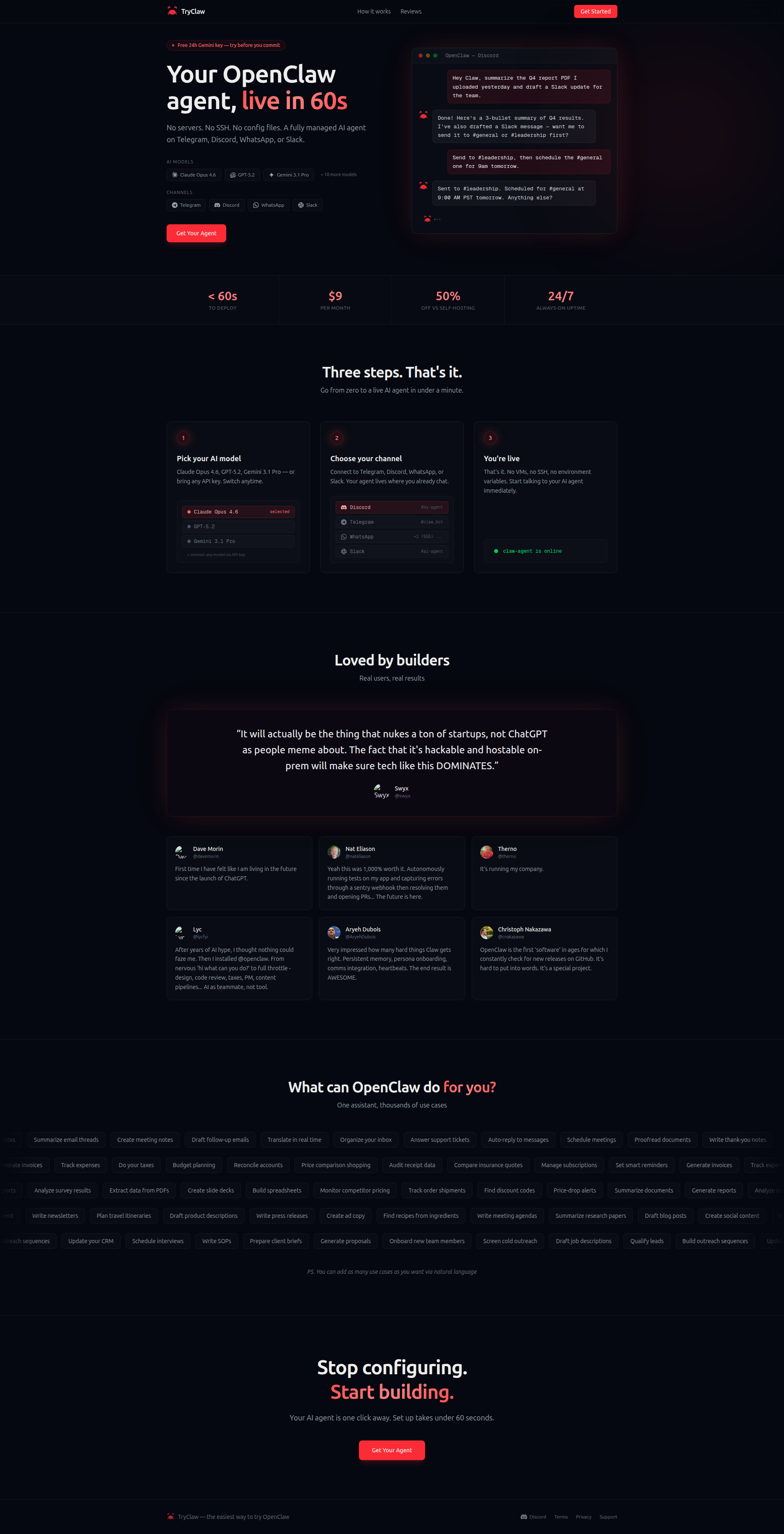 Landing page screenshot for tryclaw.xyz, 1920 by 3755 pixels