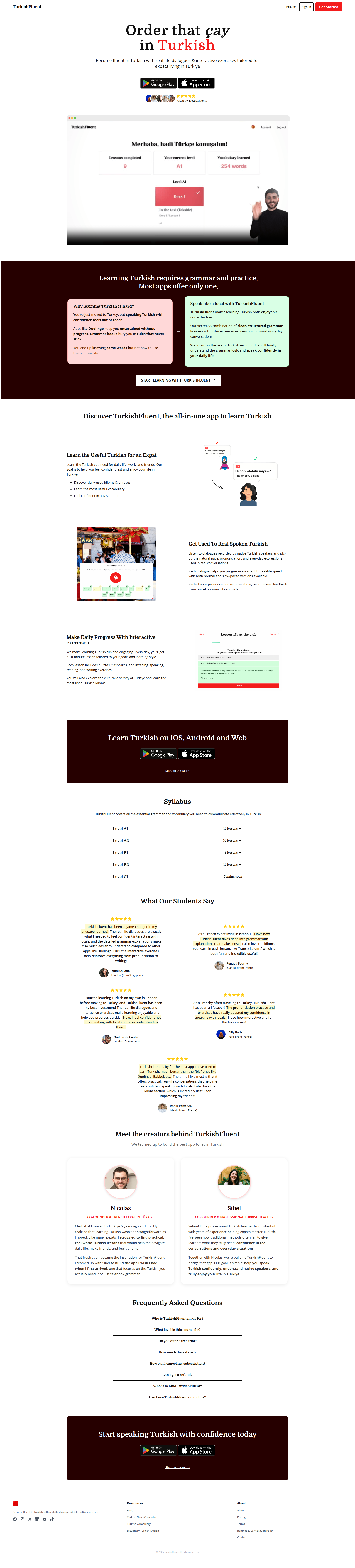 Landing page screenshot for turkishfluent.com, 1920 by 8491 pixels