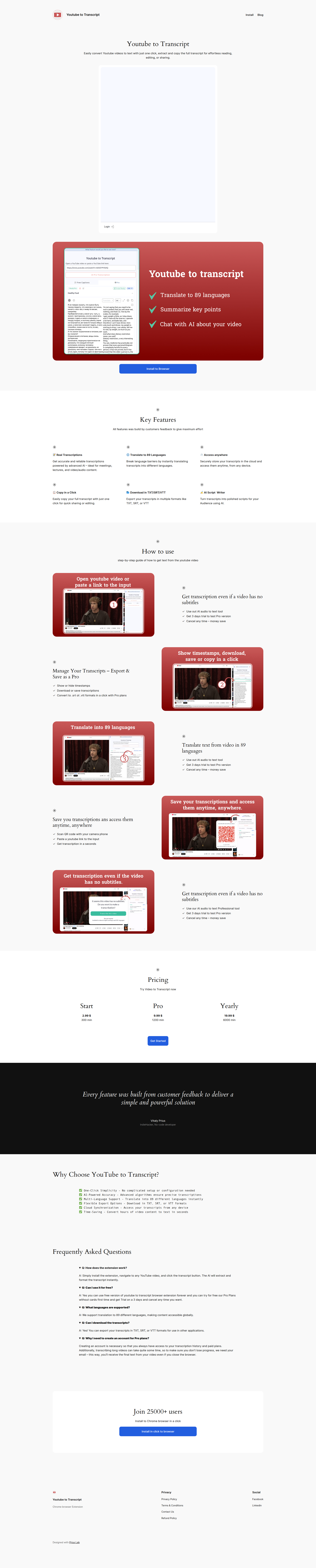 Landing page screenshot for youtubetotranscript.top, 1920 by 9507 pixels