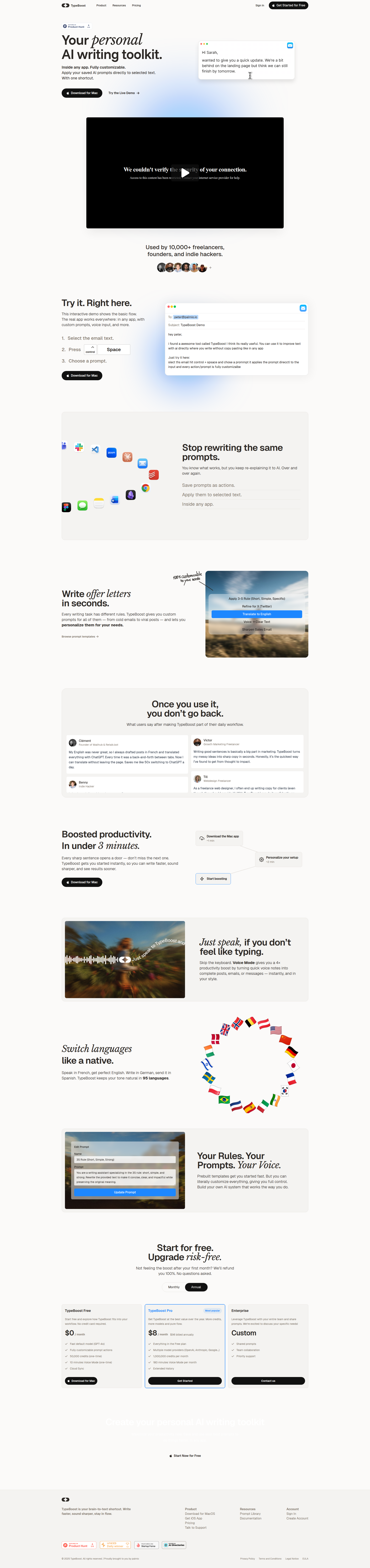 Landing page screenshot for typeboost.ai, 1920 by 8136 pixels