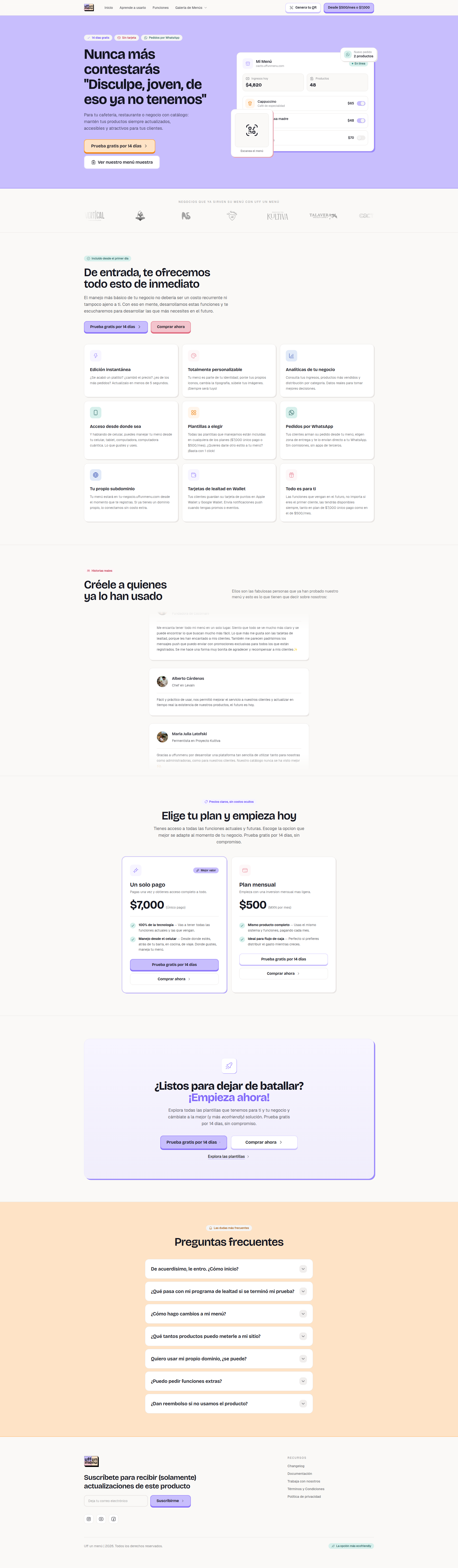 Landing page screenshot for uffunmenu.com, 1920 by 6563 pixels