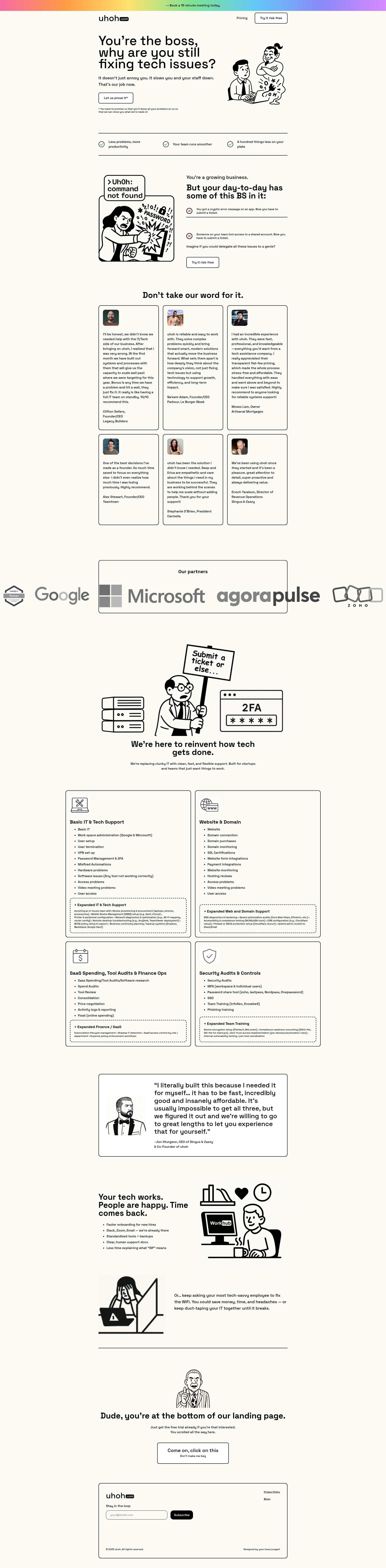 Landing page screenshot for uhoh.com, 1920 by 7791 pixels