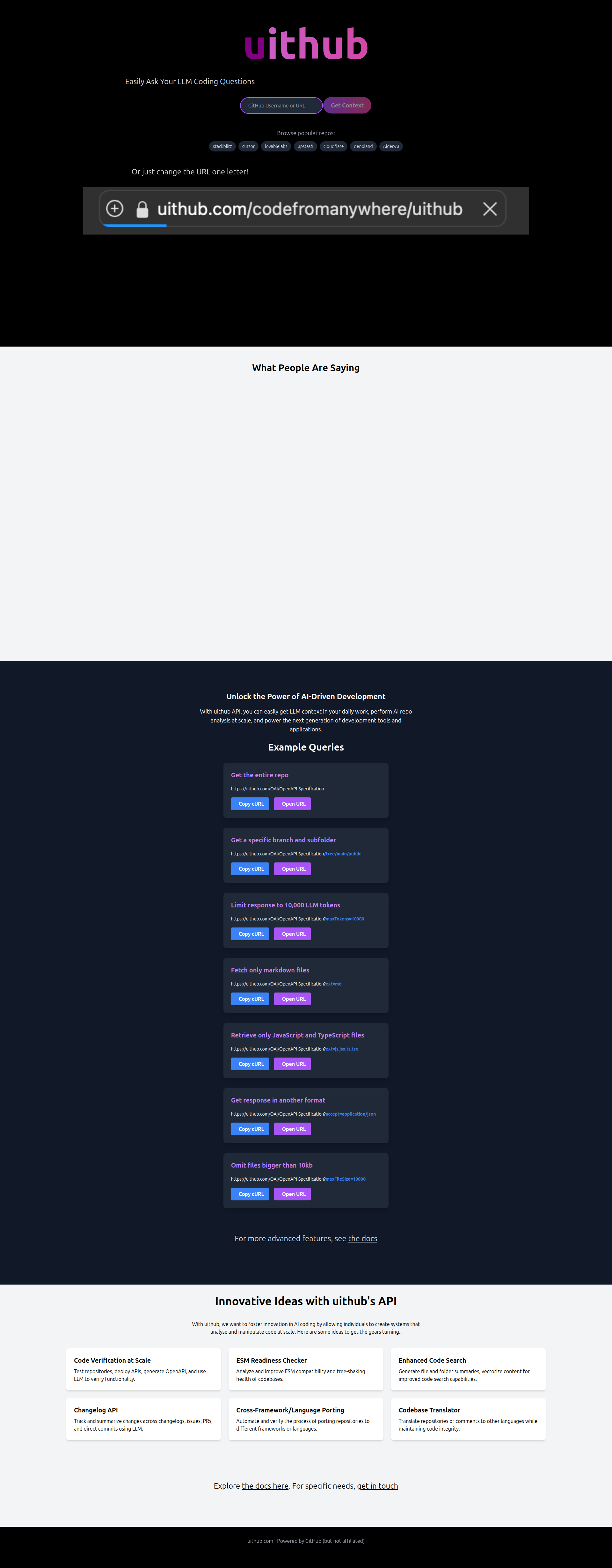 Landing page screenshot for uithub.com, 1920 by 4918 pixels