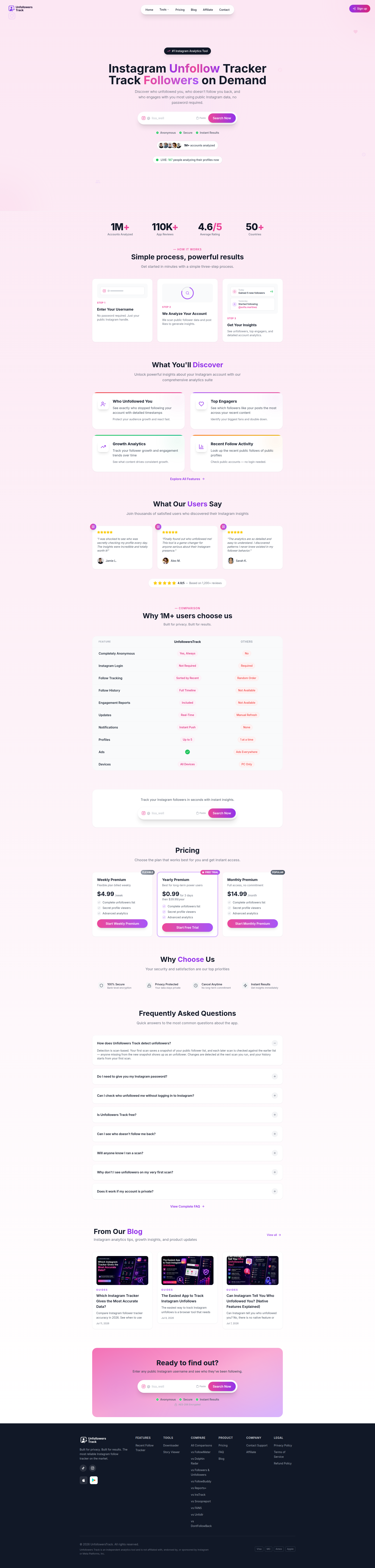 Landing page screenshot for unfollowerstrack.com, 1920 by 8022 pixels