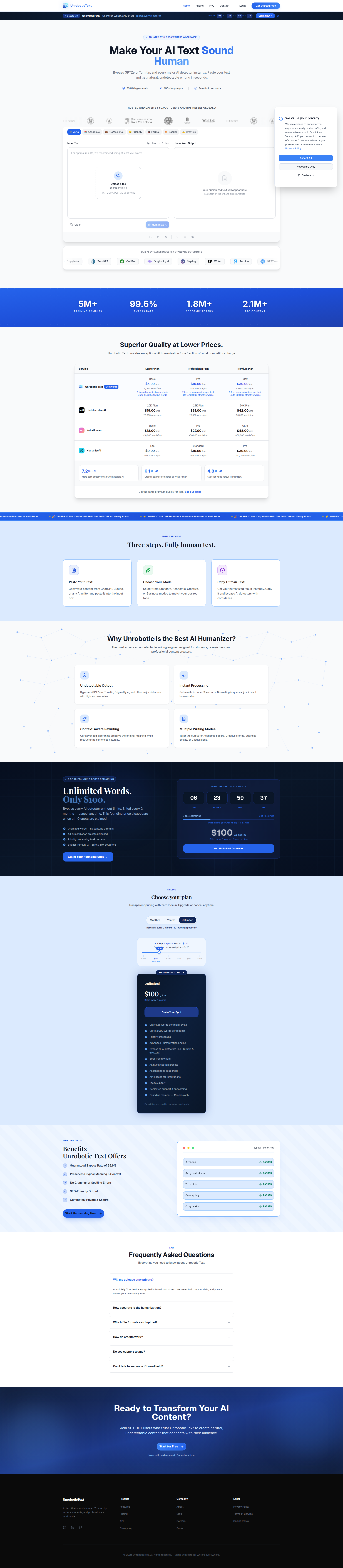 Landing page screenshot for unrobotictext.com, 1920 by 8780 pixels