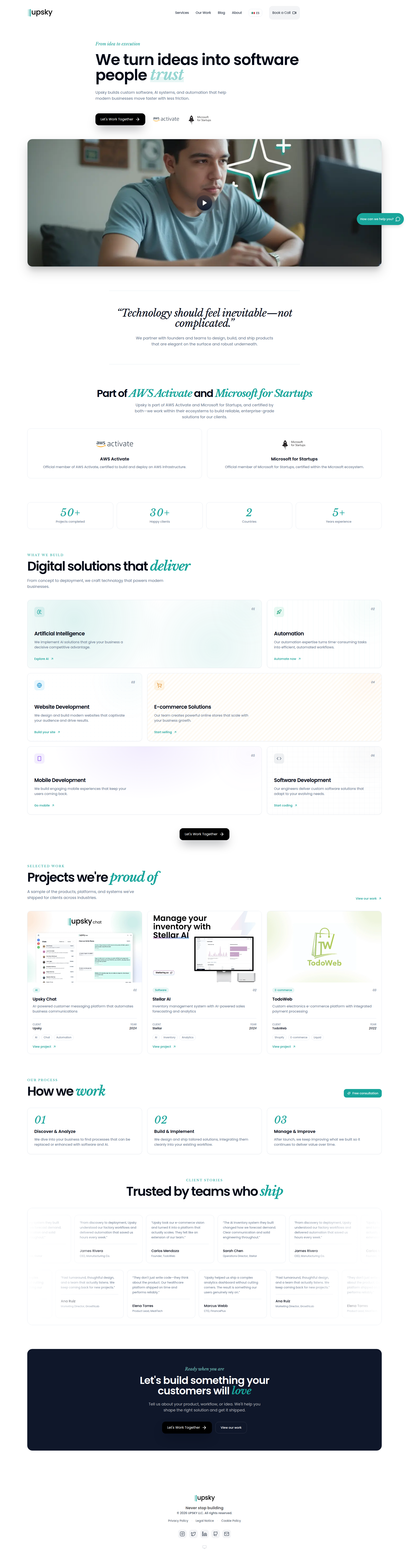 Landing page screenshot for upsky.org, 1920 by 7359 pixels