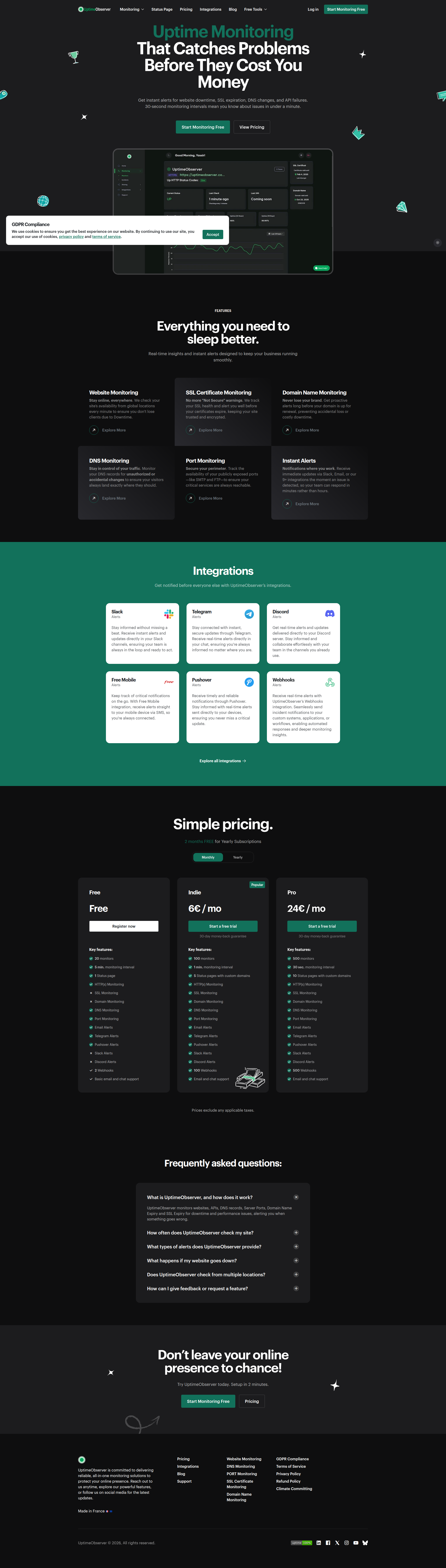 Landing page screenshot for uptimeobserver.com, 1920 by 6741 pixels
