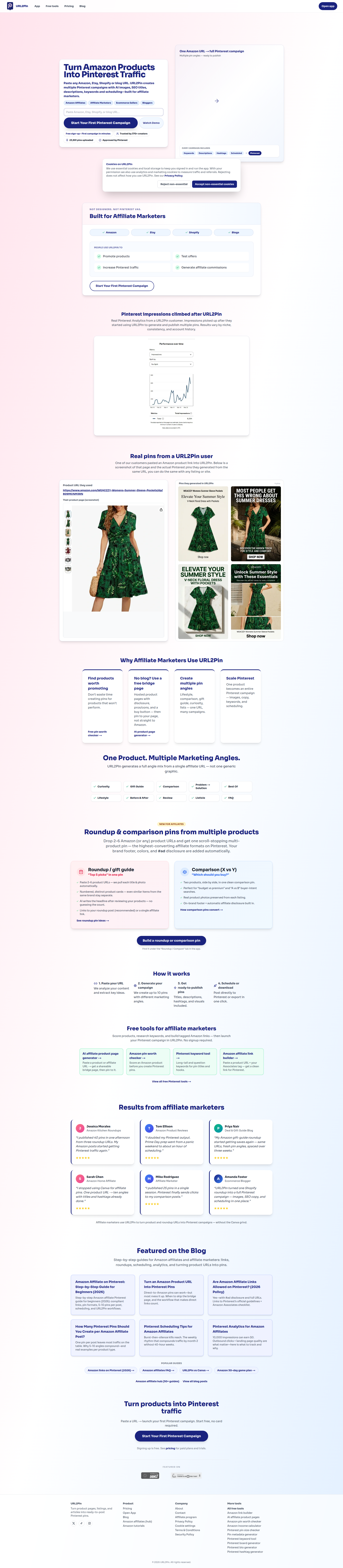 Landing page screenshot for url2pin.com, 1905 by 8702 pixels