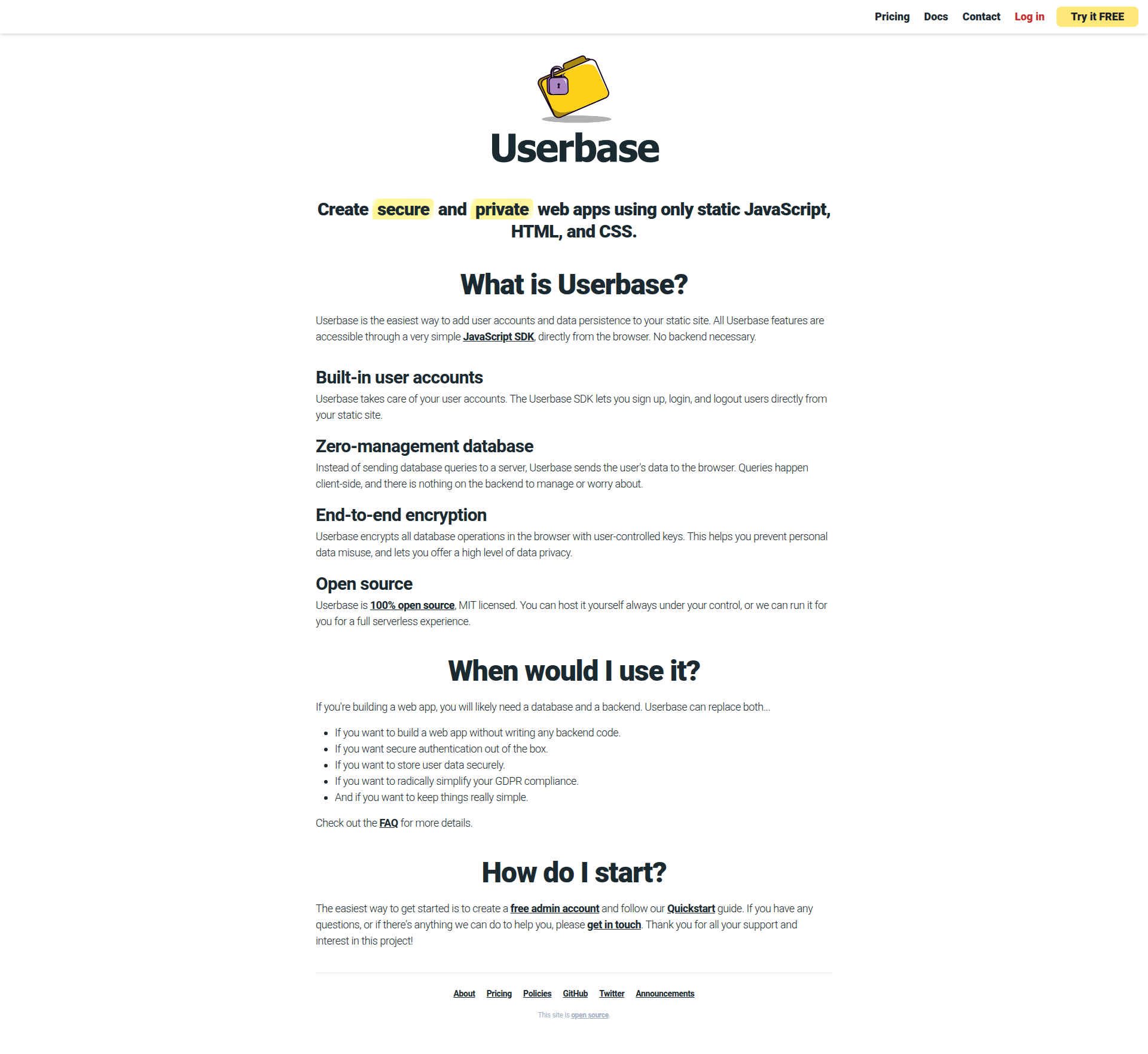Landing page screenshot for userbase.com, 1920 by 1762 pixels