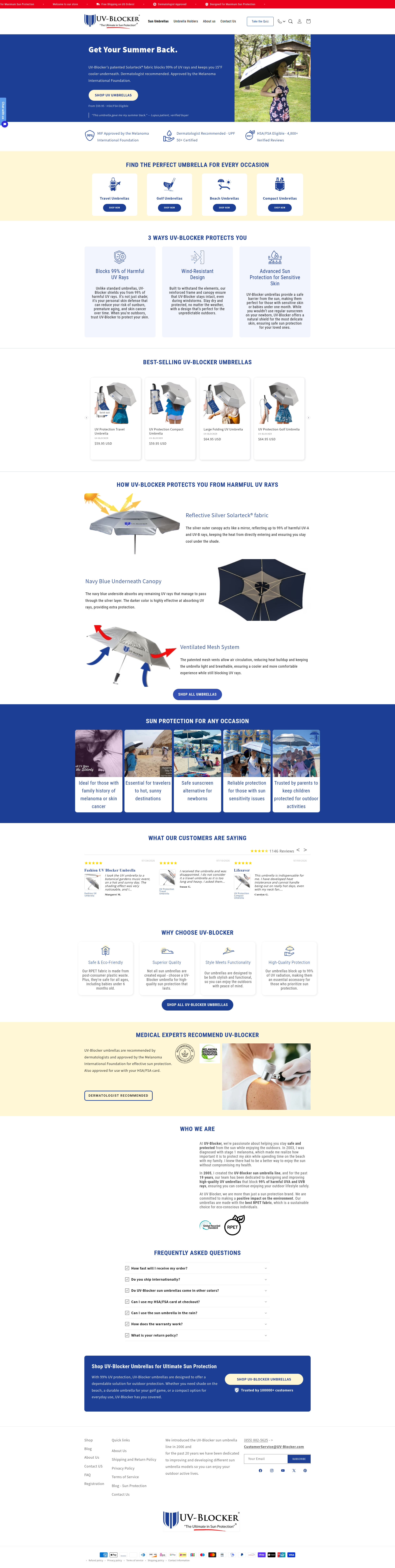 Landing page screenshot for uv-blocker.com, 1920 by 7628 pixels