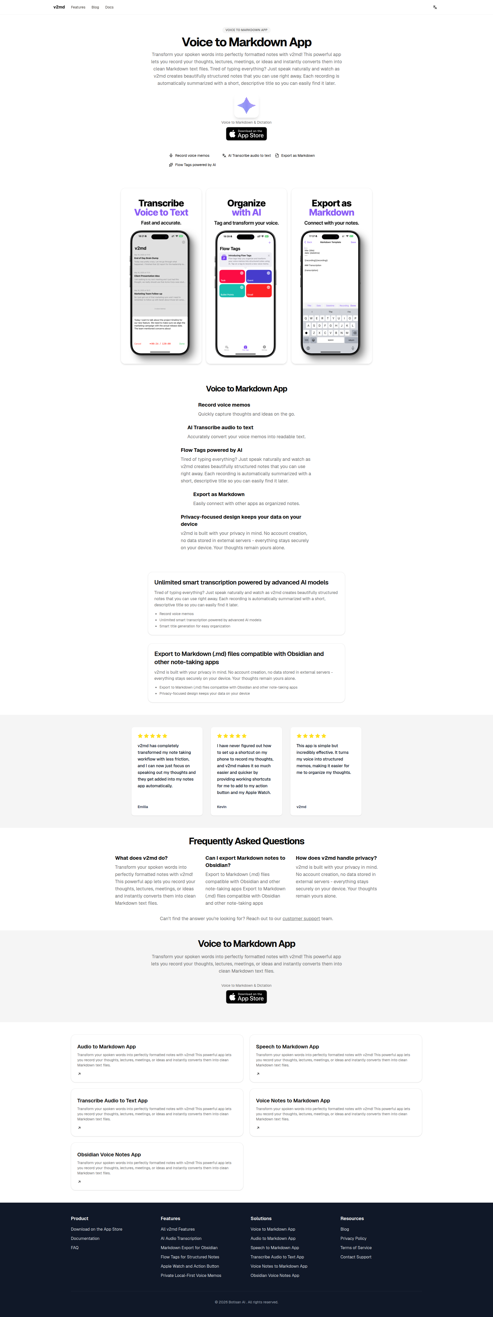 Landing page screenshot for v2md.app, 1920 by 5124 pixels