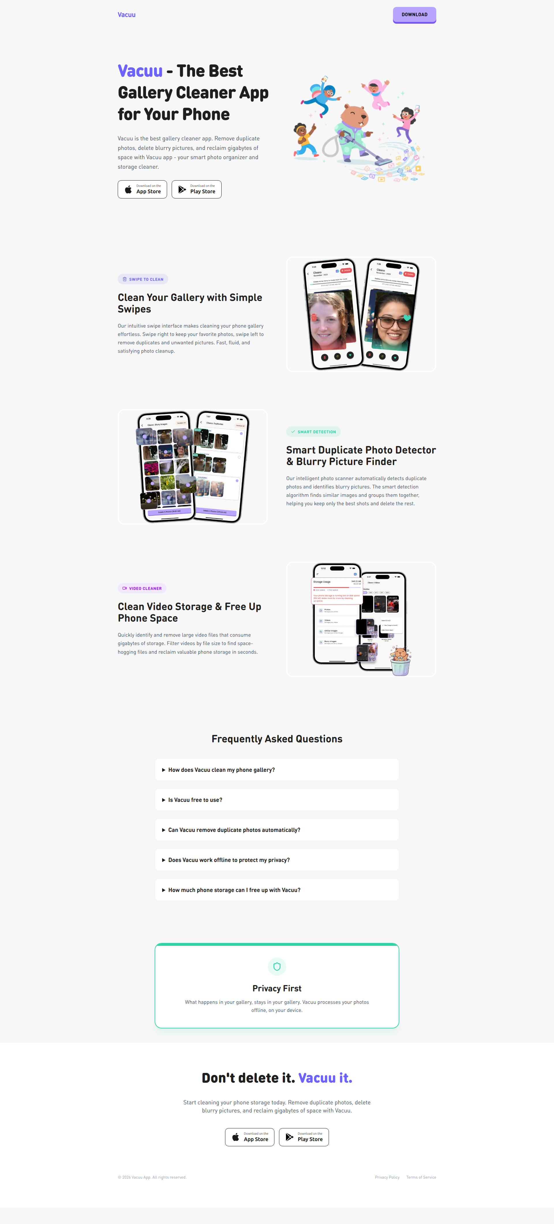 Landing page screenshot for vacuu.app, 1920 by 4237 pixels