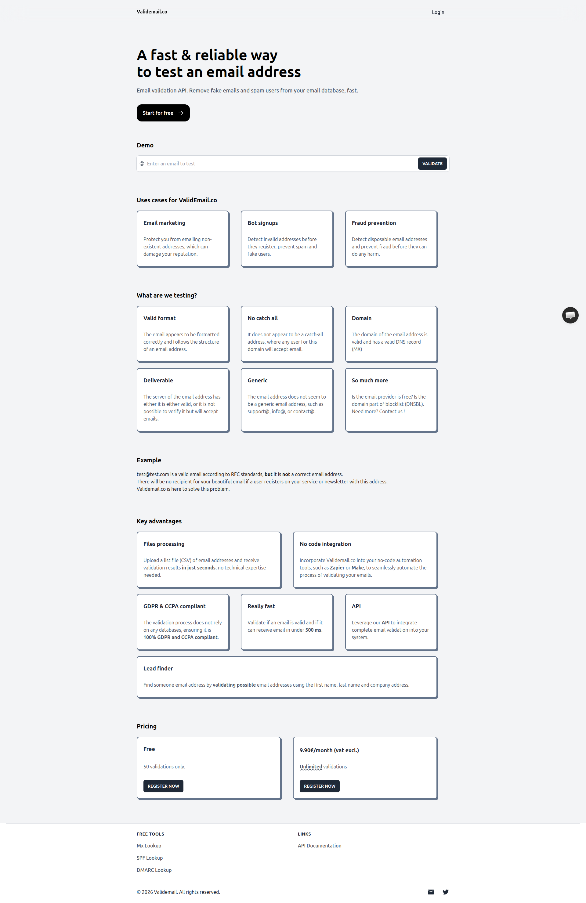 Landing page screenshot for validemail.co, 1920 by 2959 pixels