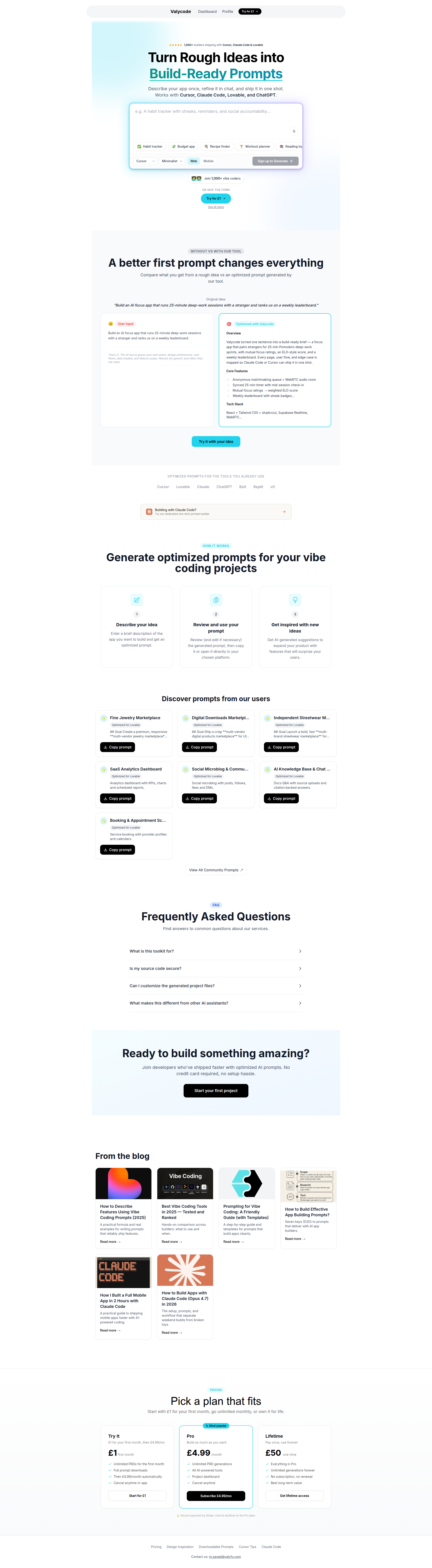 Landing page screenshot for valycode.com, 1920 by 6968 pixels