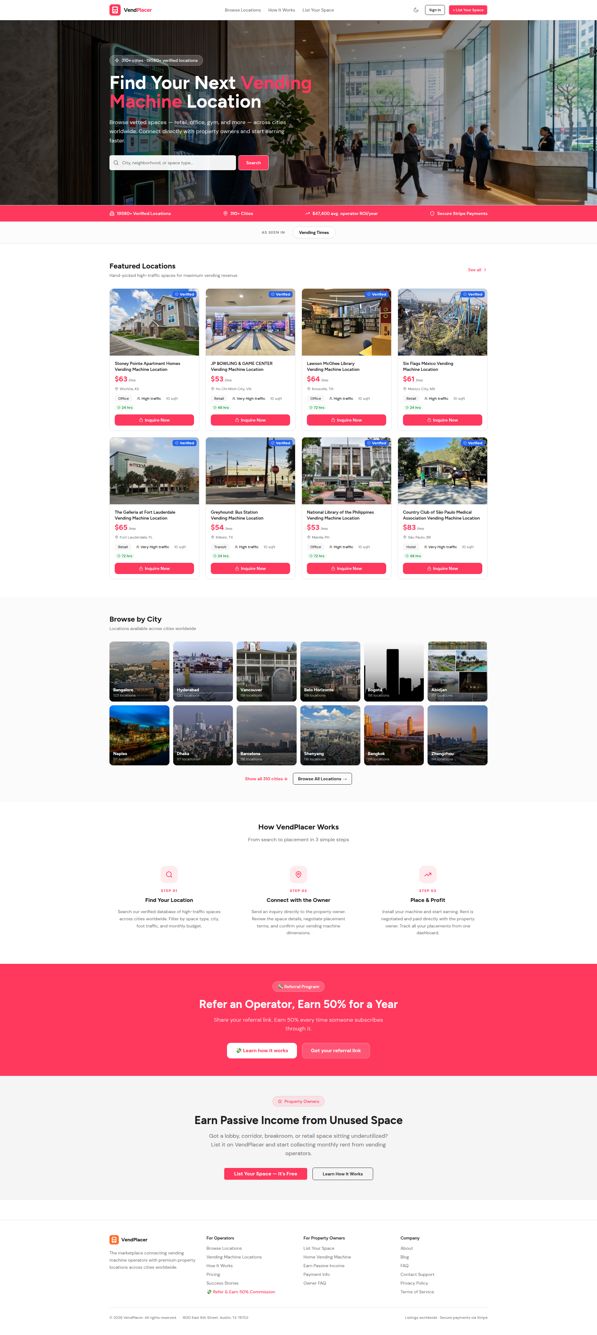 Landing page screenshot for vendplacer.com, 1920 by 4291 pixels