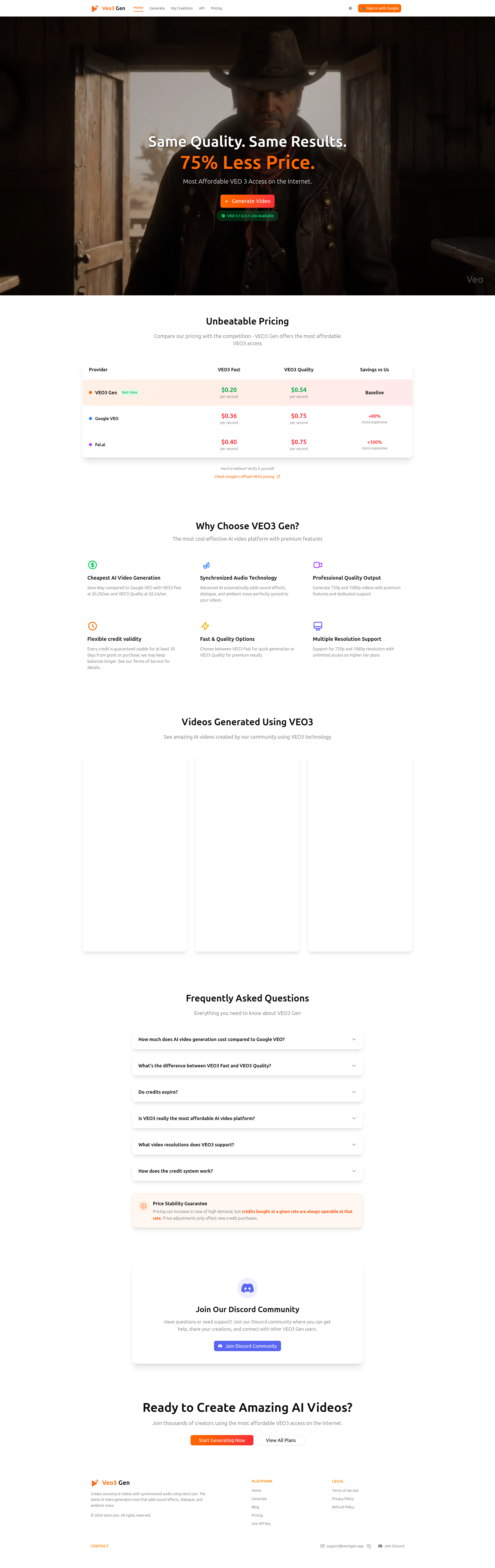 Landing page screenshot for veo3gen.app, 1920 by 6073 pixels