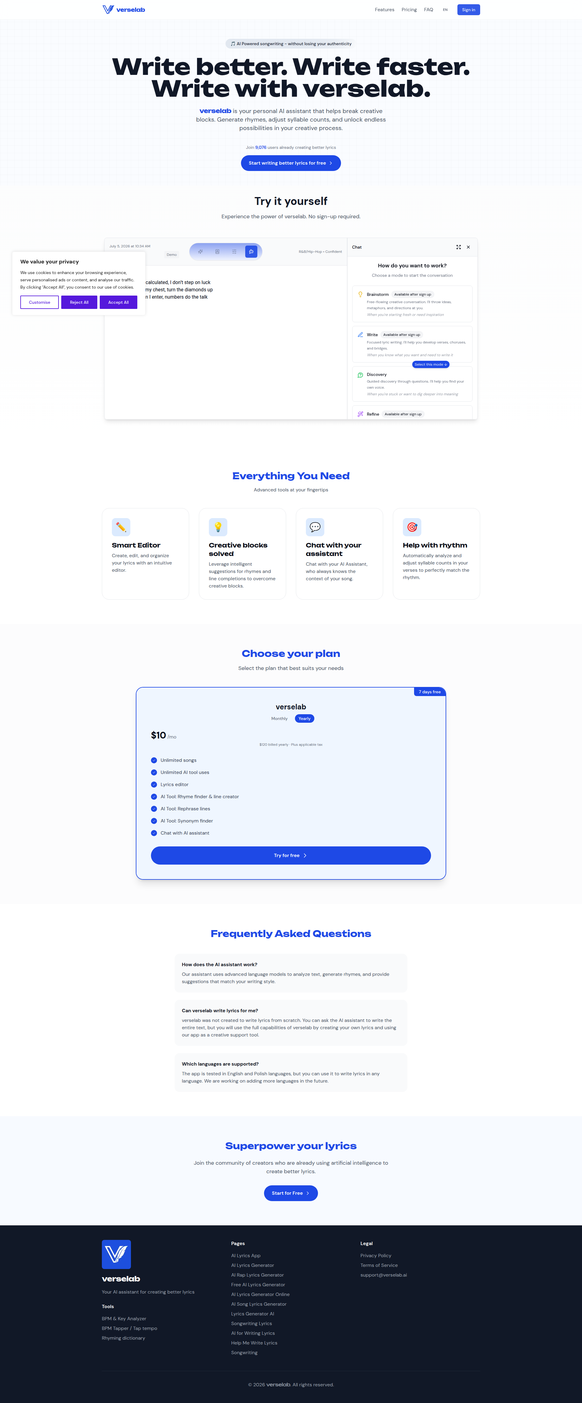 Landing page screenshot for verselab.ai, 1920 by 4628 pixels