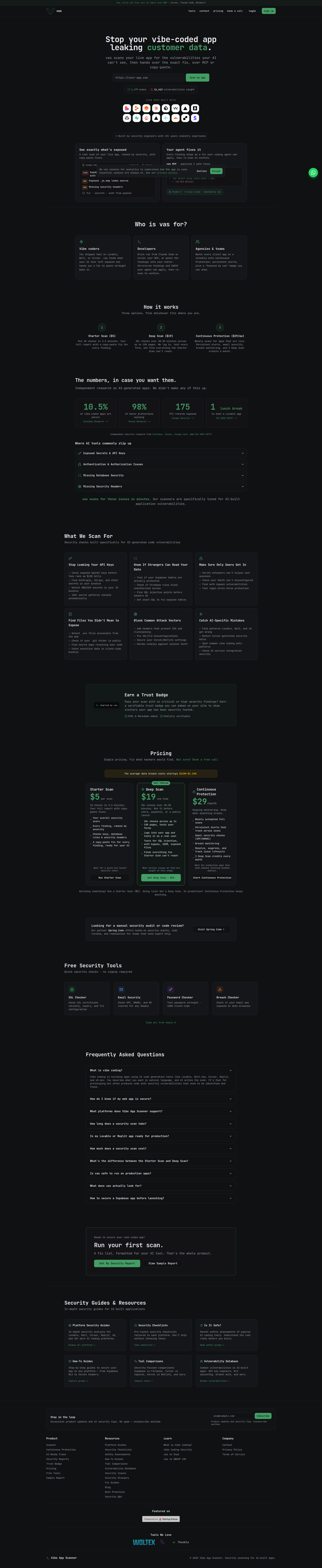 Landing page screenshot for vibeappscanner.com, 1920 by 9340 pixels