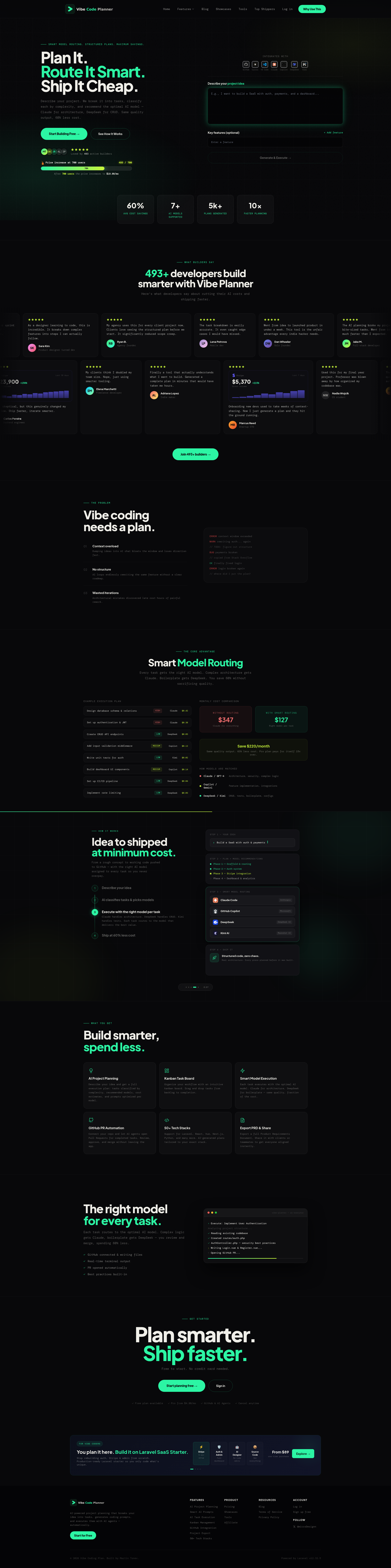 Landing page screenshot for vibecoderplanner.com, 1920 by 7690 pixels
