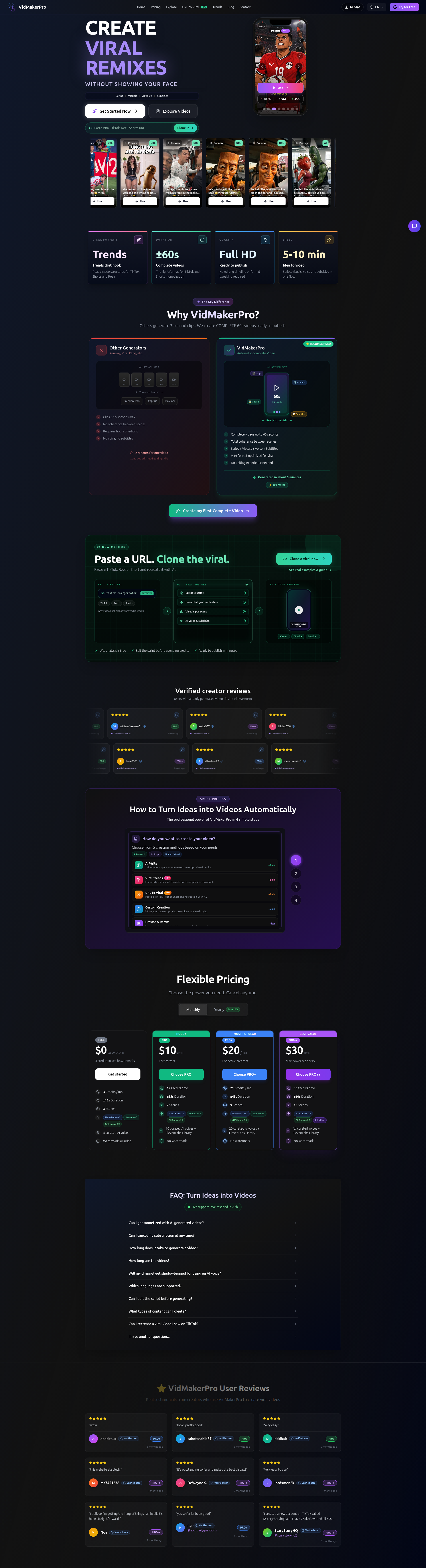Landing page screenshot for vidmakerpro.com, 1920 by 7071 pixels