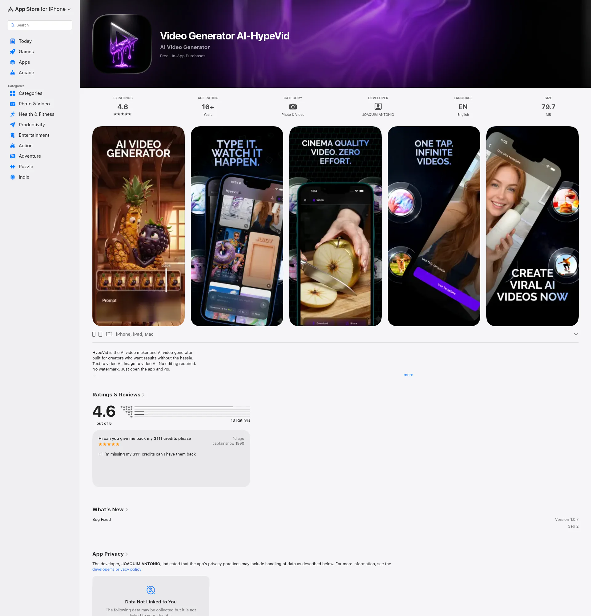 Video Generator AI(iOS+macOS) landing page