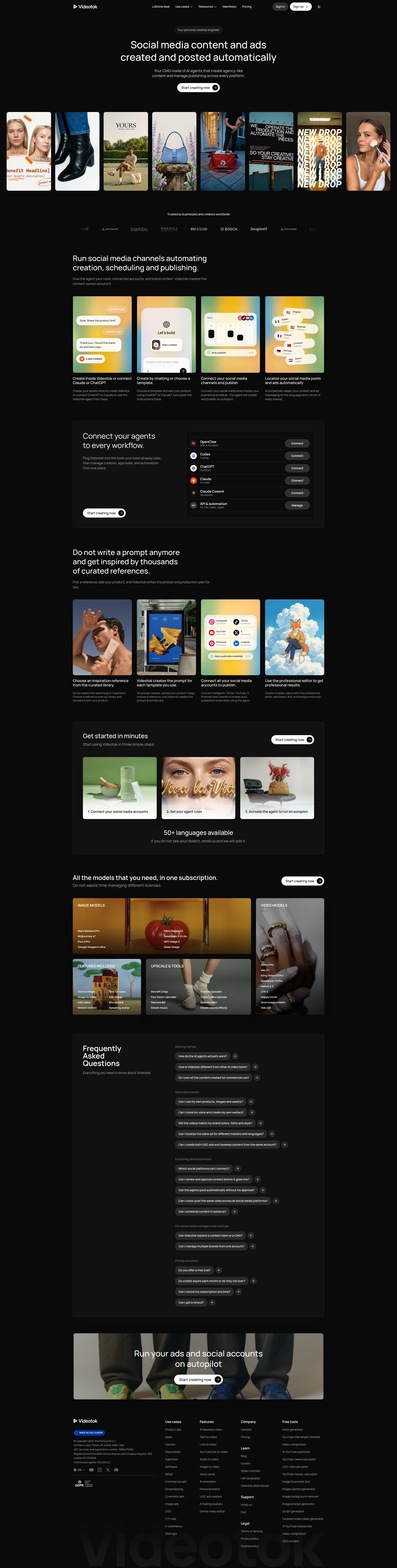 Landing page screenshot for videotok.app, 1920 by 7589 pixels