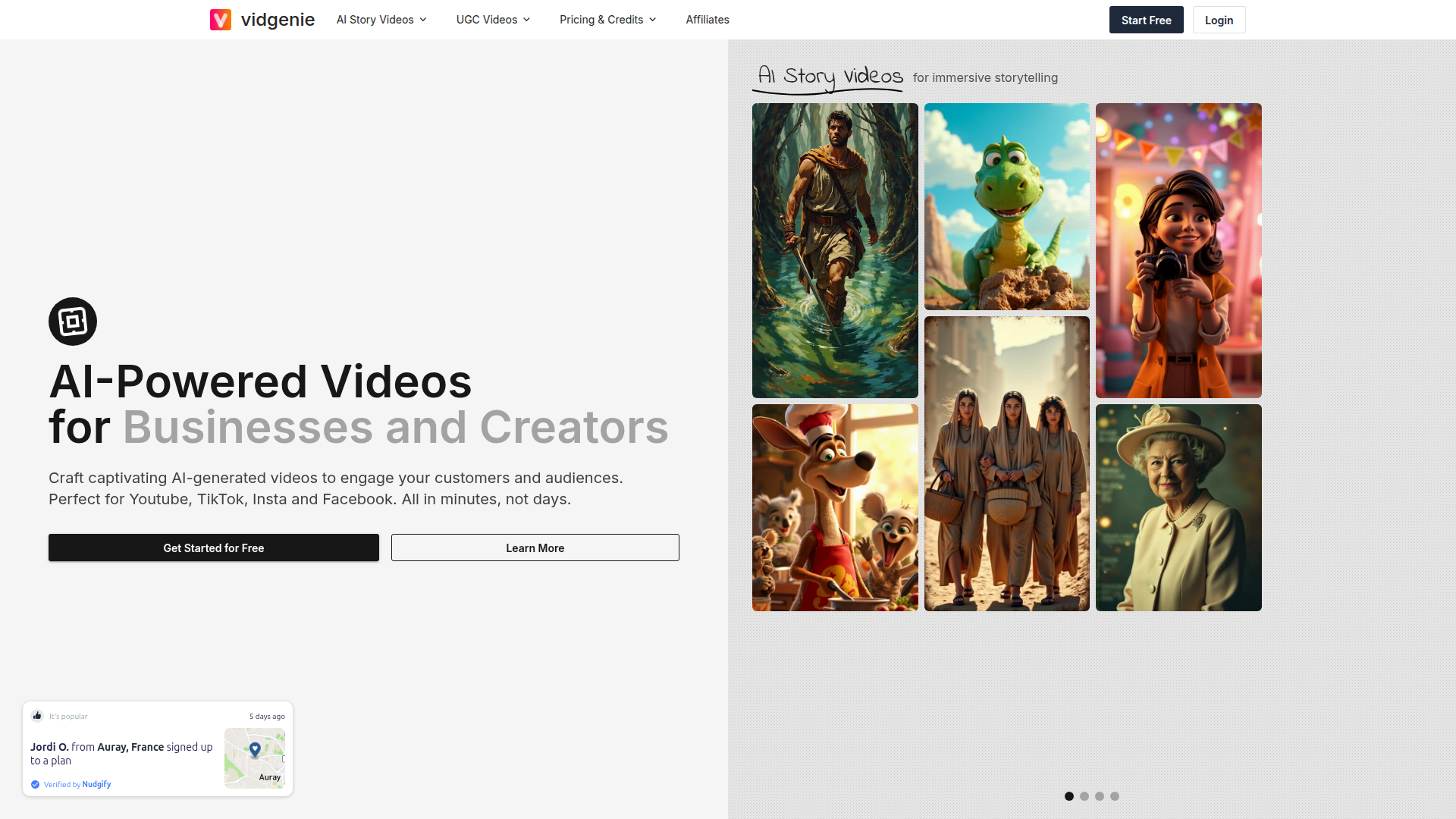 Landing page screenshot for vidgenie.ai, 1920 by 1080 pixels